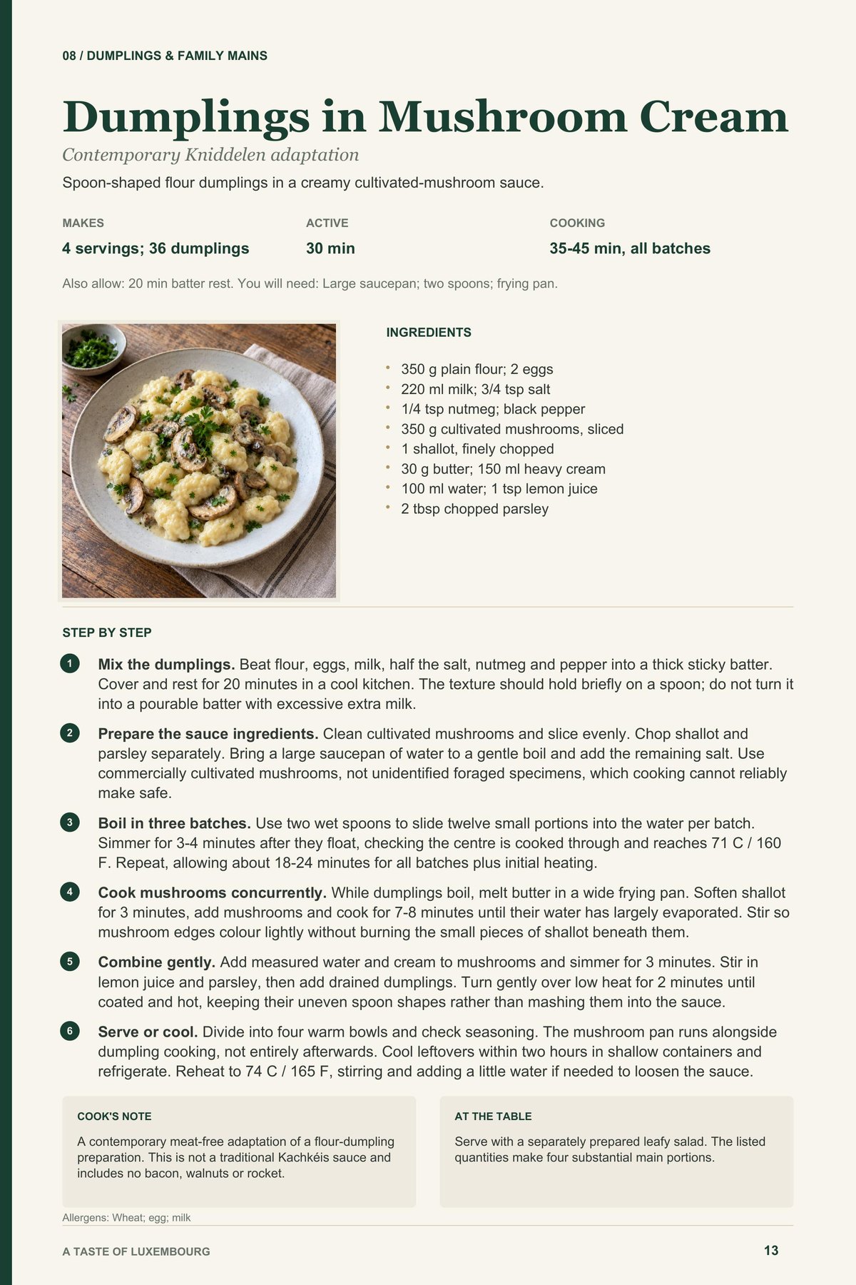 Dumplings in Mushroom Cream recipe page from A Taste of Luxembourg