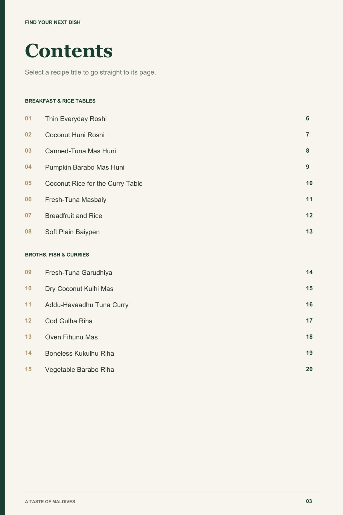 Contents, page 1 from A Taste of Maldives