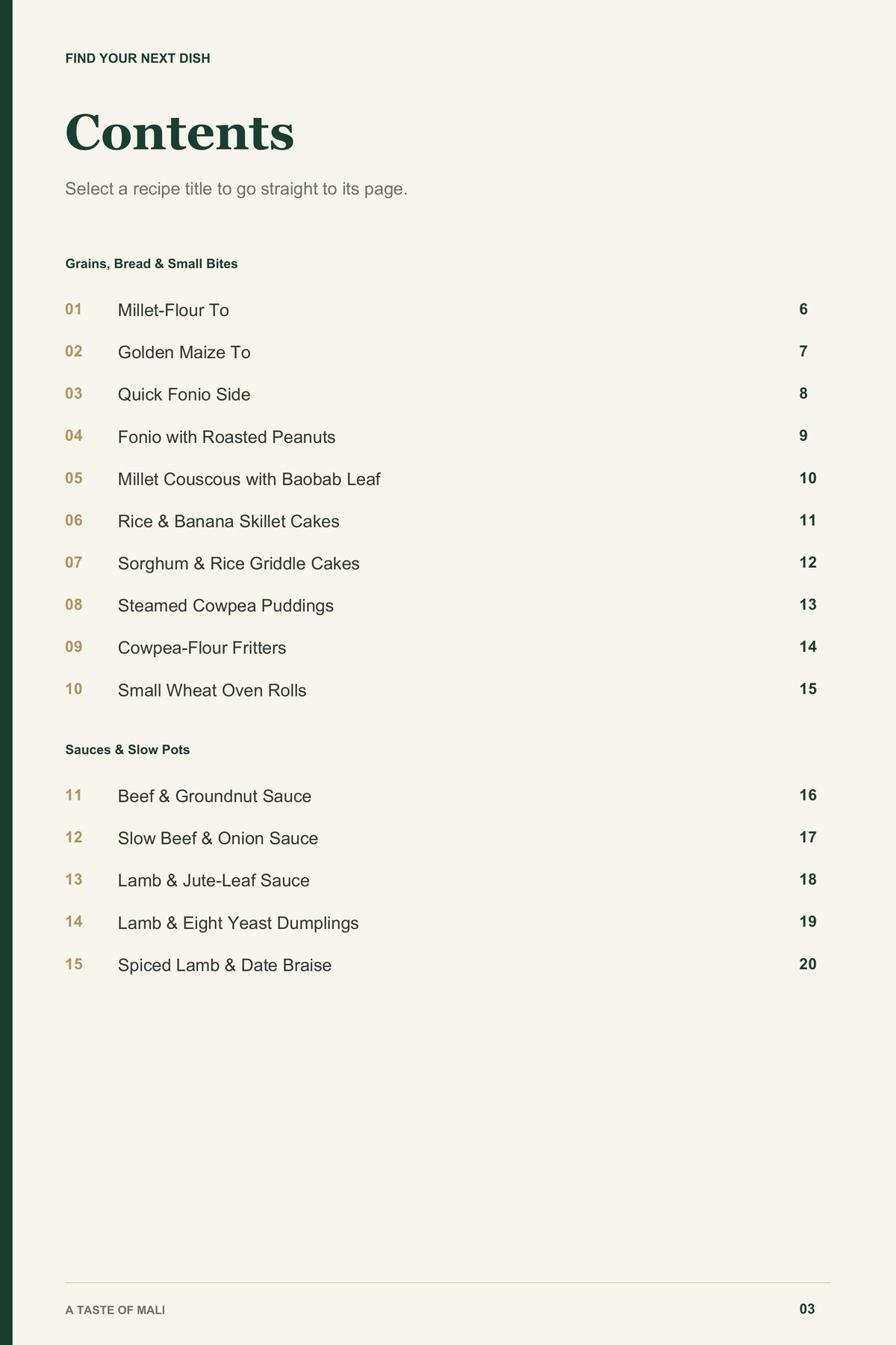 Contents, page 1 from A Taste of Mali