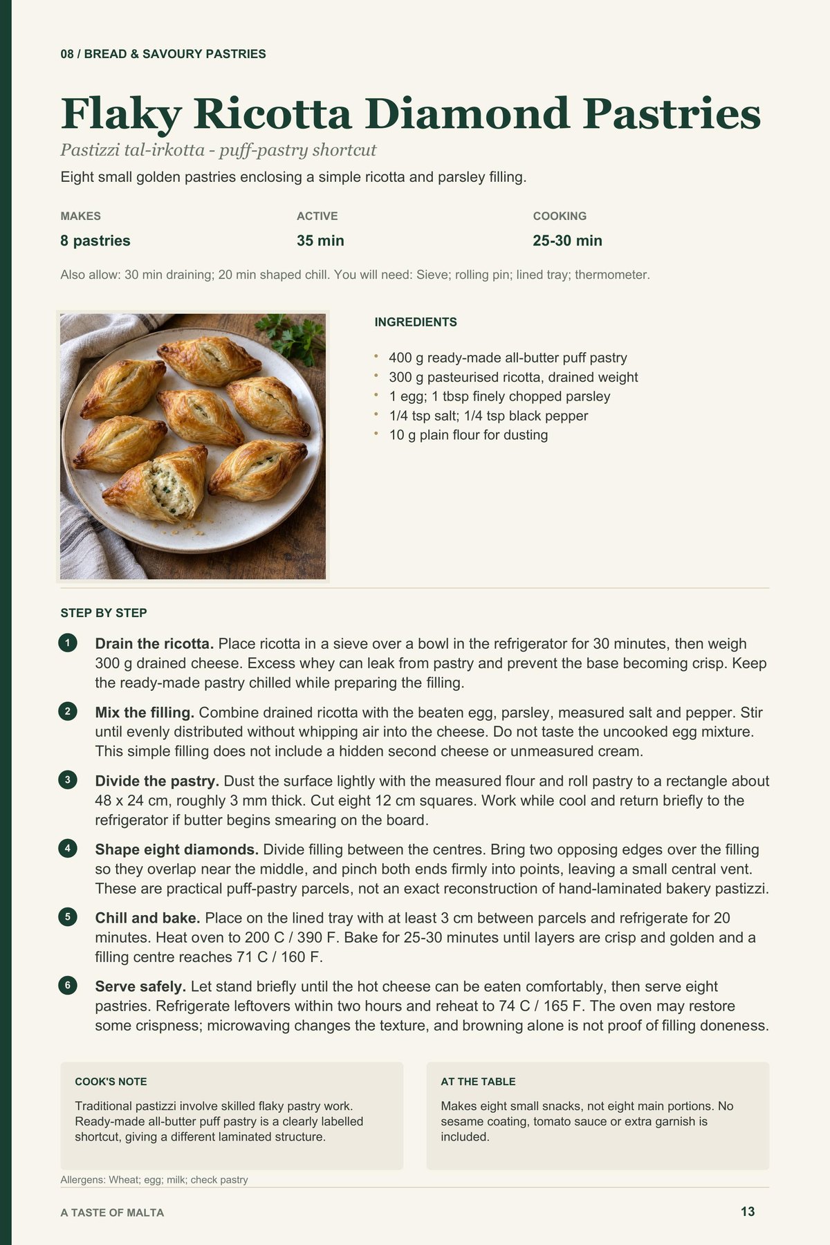 Flaky Ricotta Diamond Pastries recipe page from A Taste of Malta