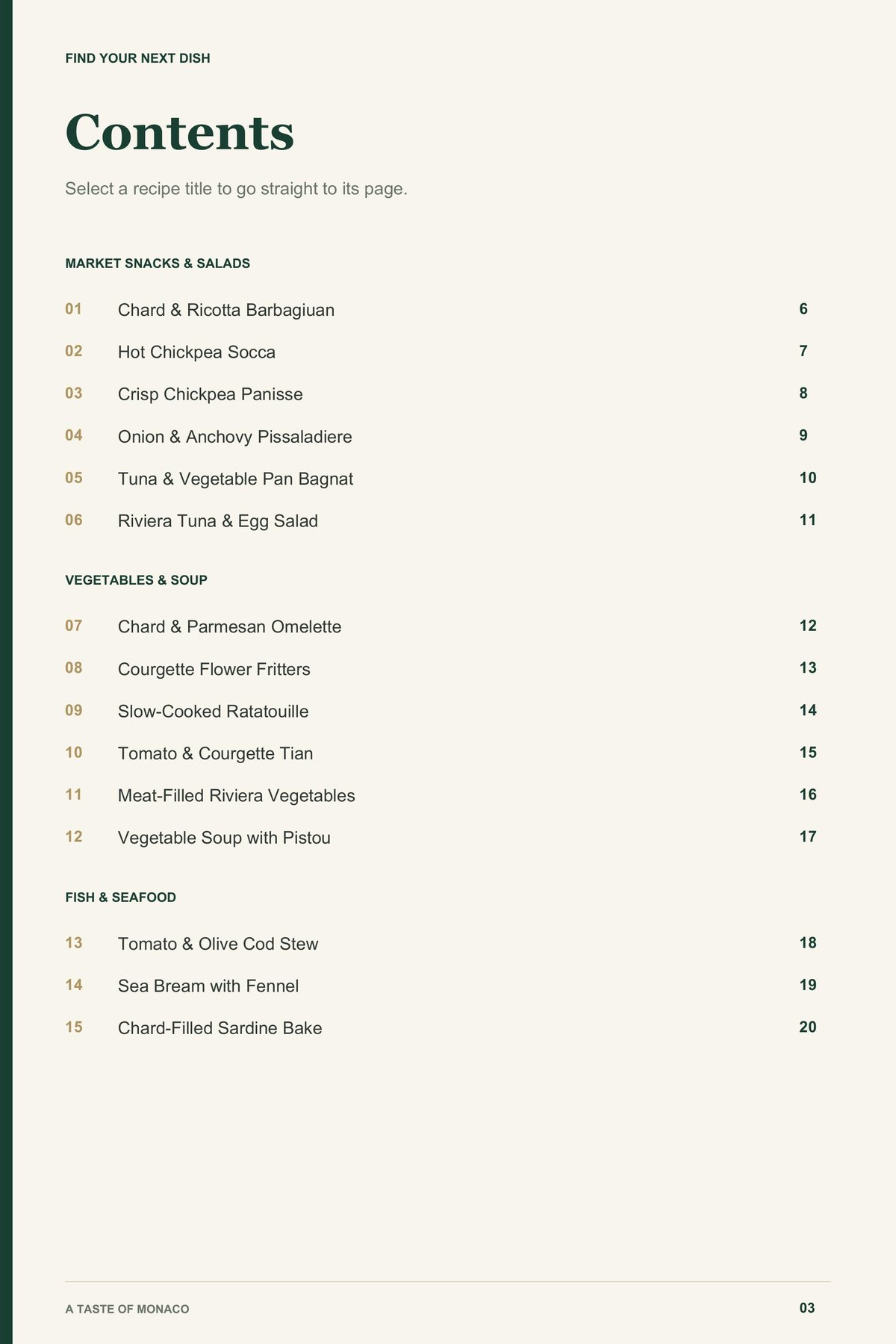 Contents, page 1 from A Taste of Monaco