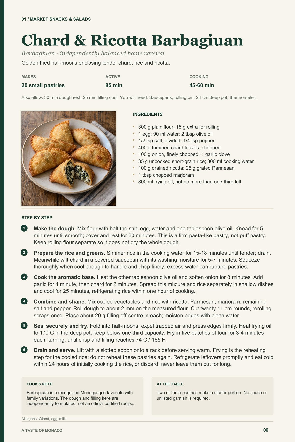 Chard & Ricotta Barbagiuan recipe page from A Taste of Monaco