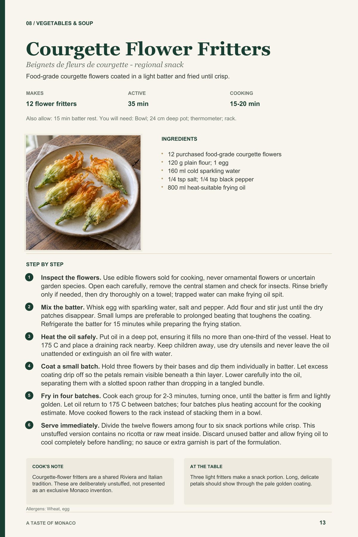 Courgette Flower Fritters recipe page from A Taste of Monaco