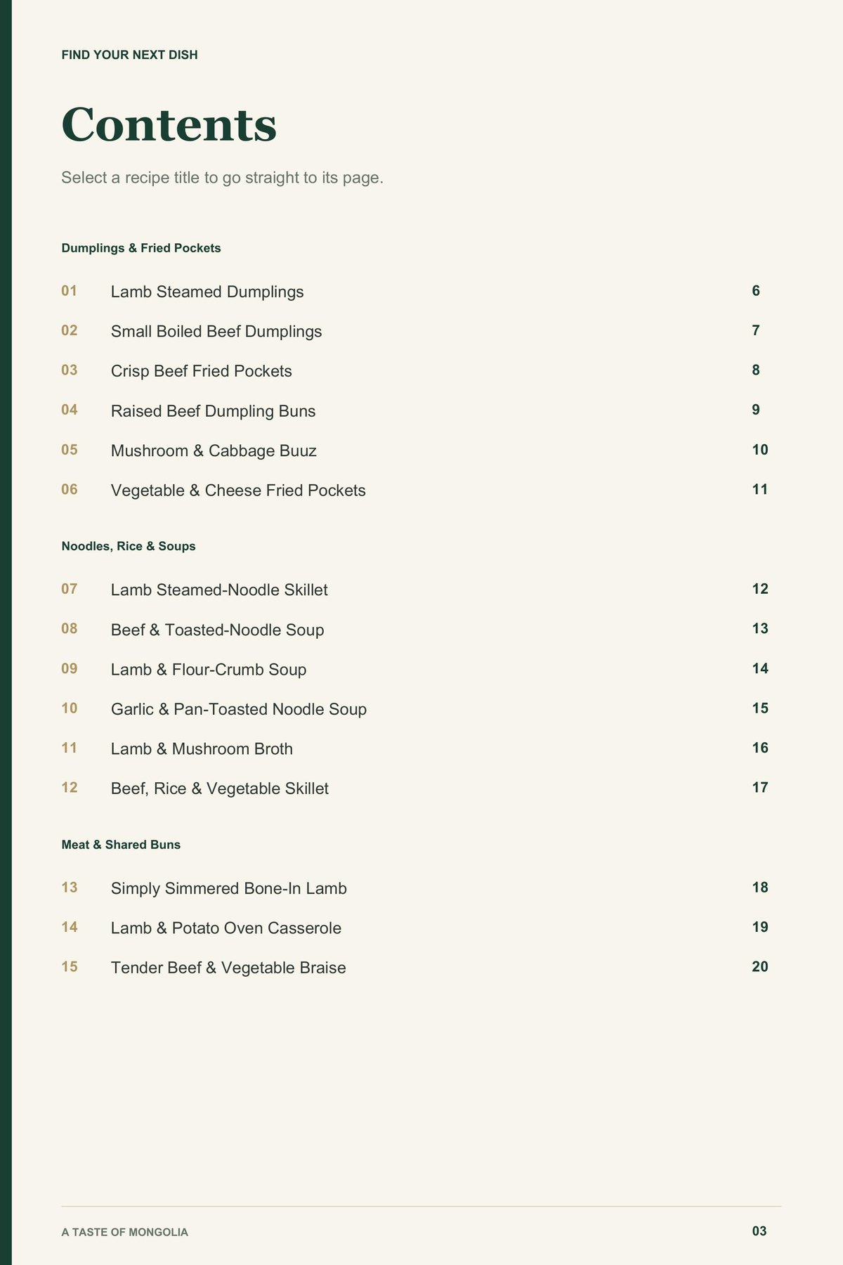 Contents, page 1 from A Taste of Mongolia