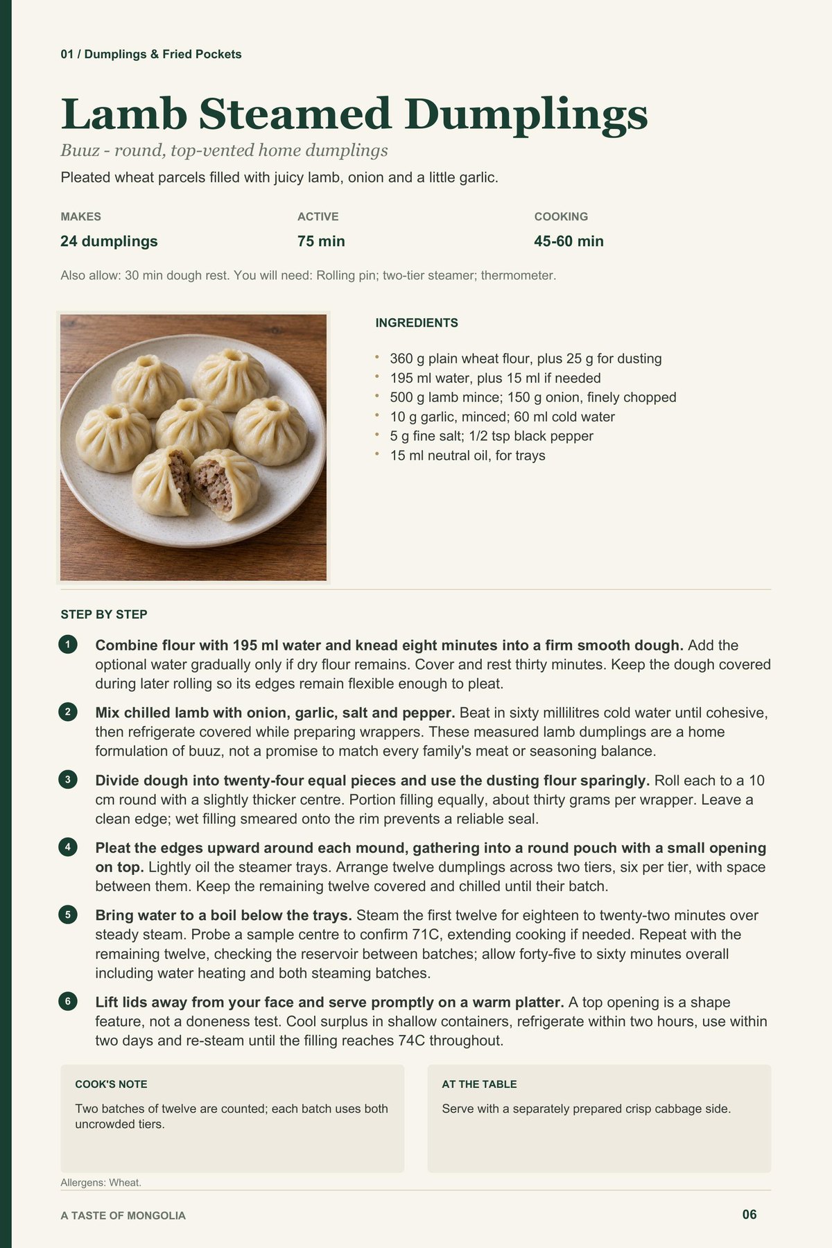 Lamb Steamed Dumplings recipe page from A Taste of Mongolia