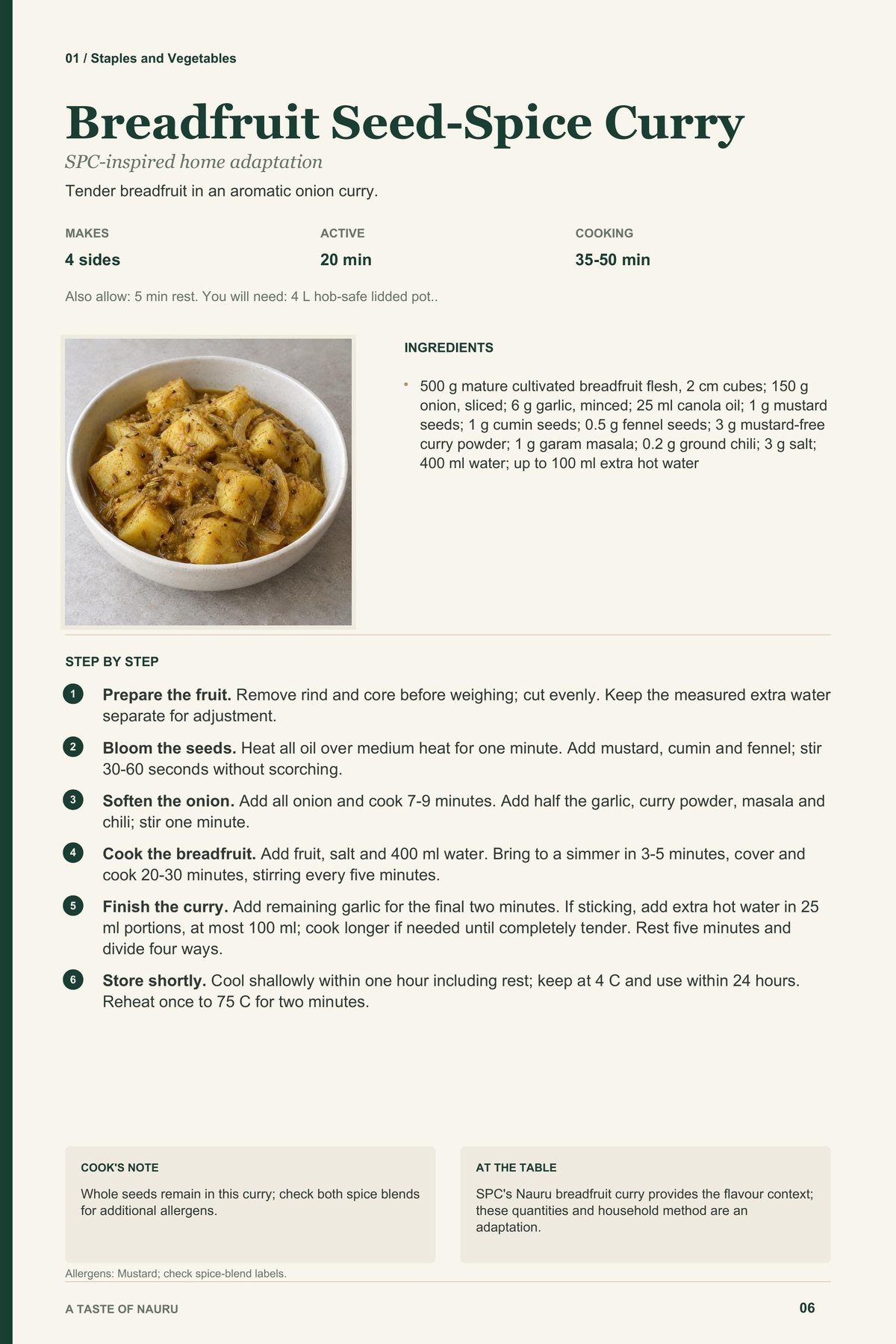 Breadfruit Seed-Spice Curry recipe page from A Taste of Nauru