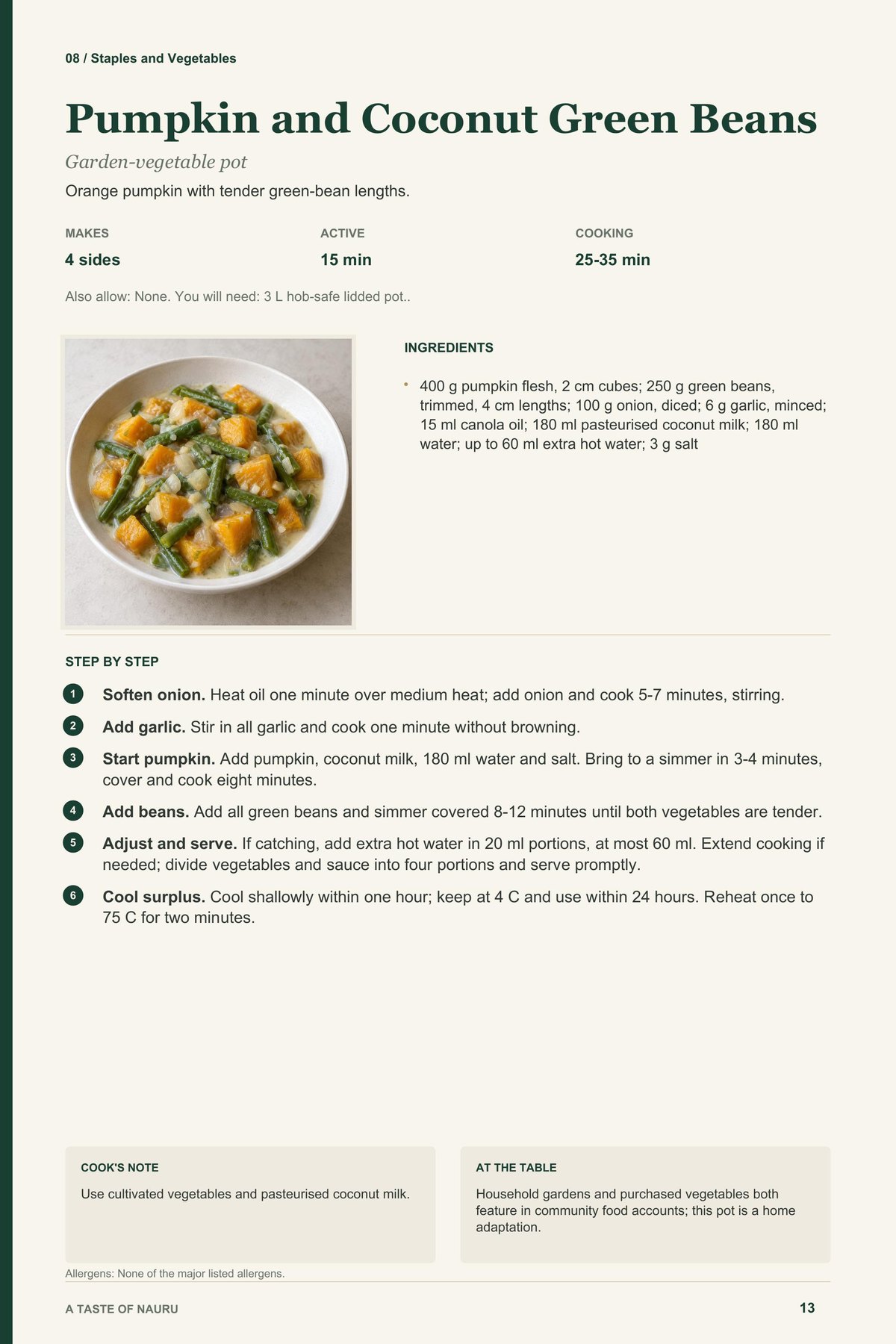 Pumpkin and Coconut Green Beans recipe page from A Taste of Nauru