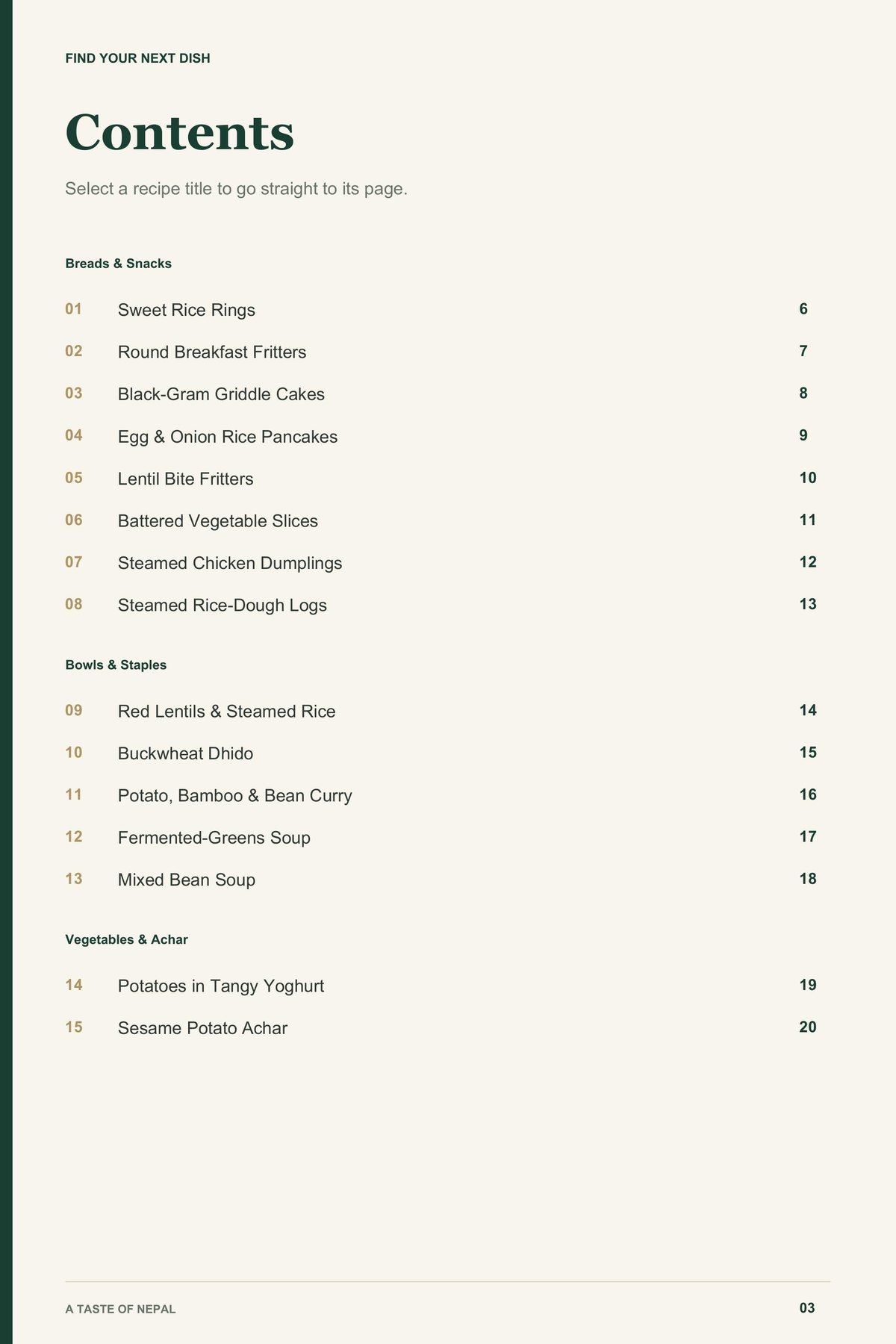 Contents, page 1 from A Taste of Nepal