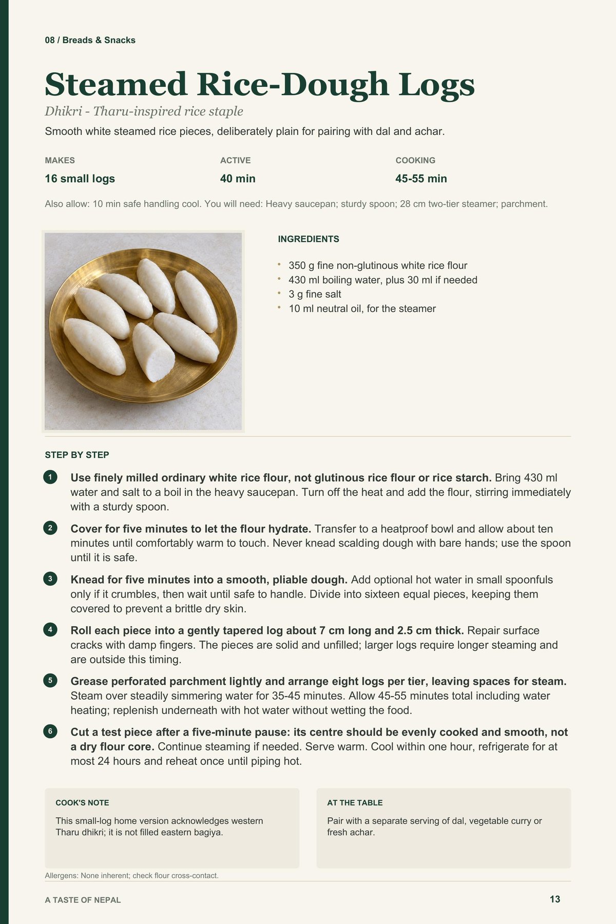 Steamed Rice-Dough Logs recipe page from A Taste of Nepal
