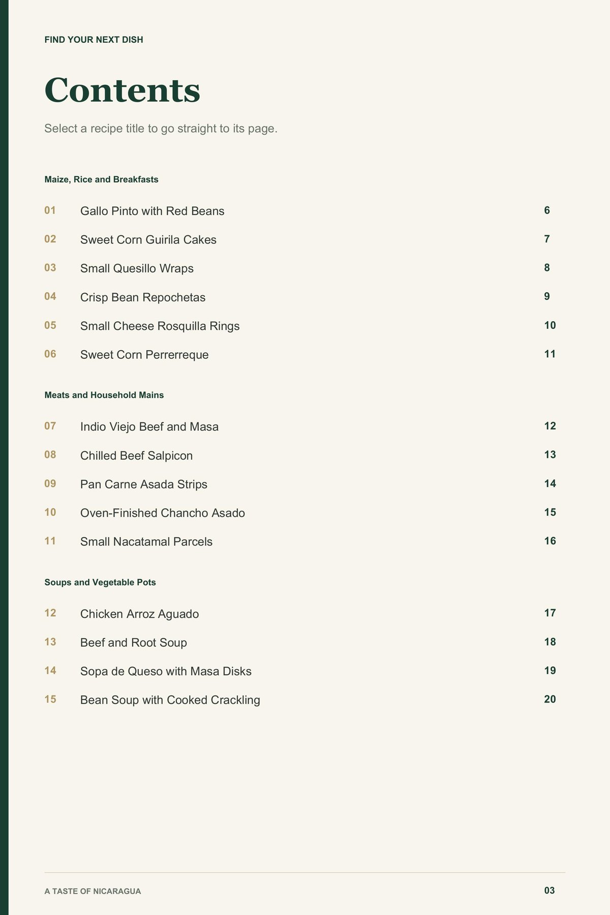 Contents, page 1 from A Taste of Nicaragua