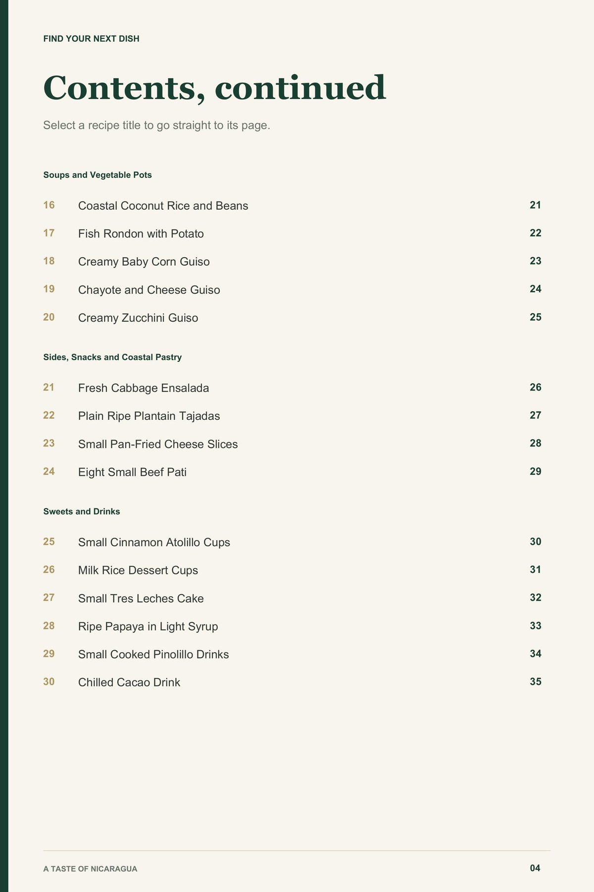 Contents, page 2 from A Taste of Nicaragua