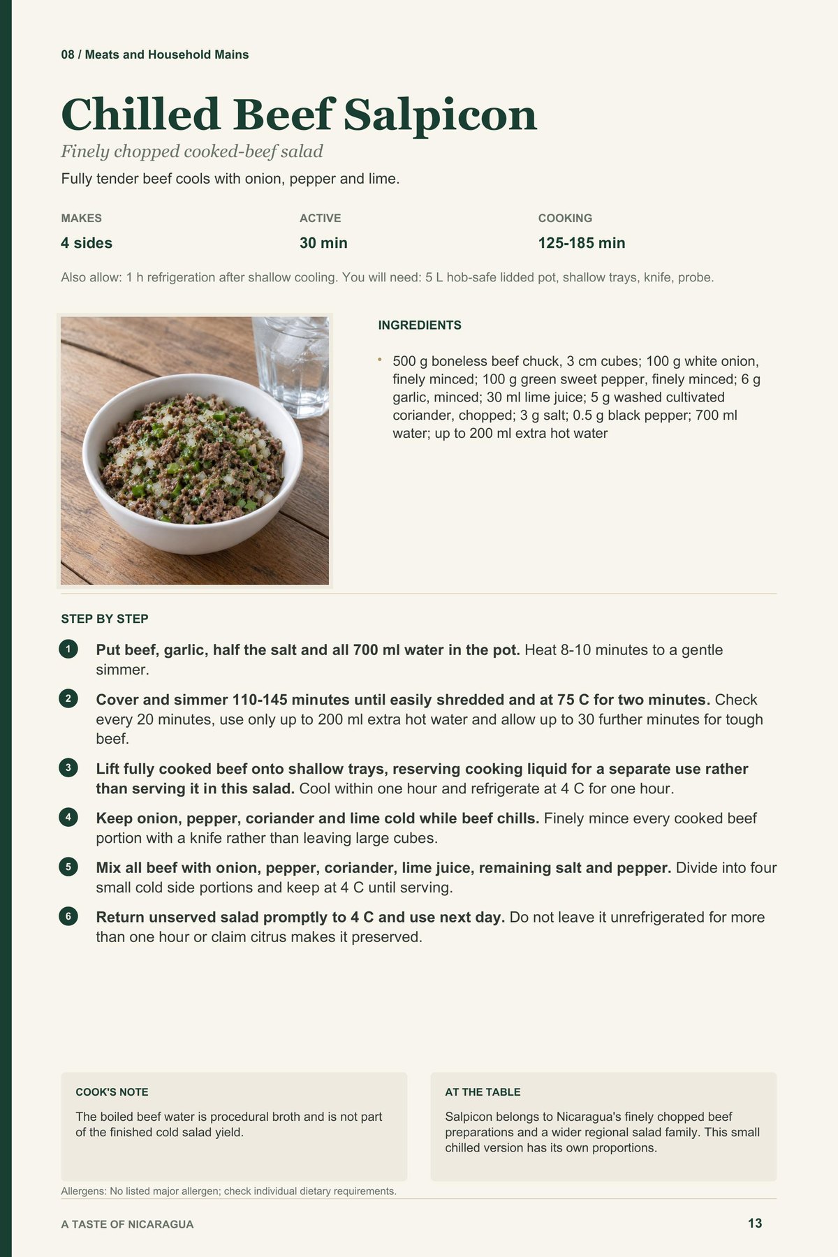 Chilled Beef Salpicon recipe page from A Taste of Nicaragua