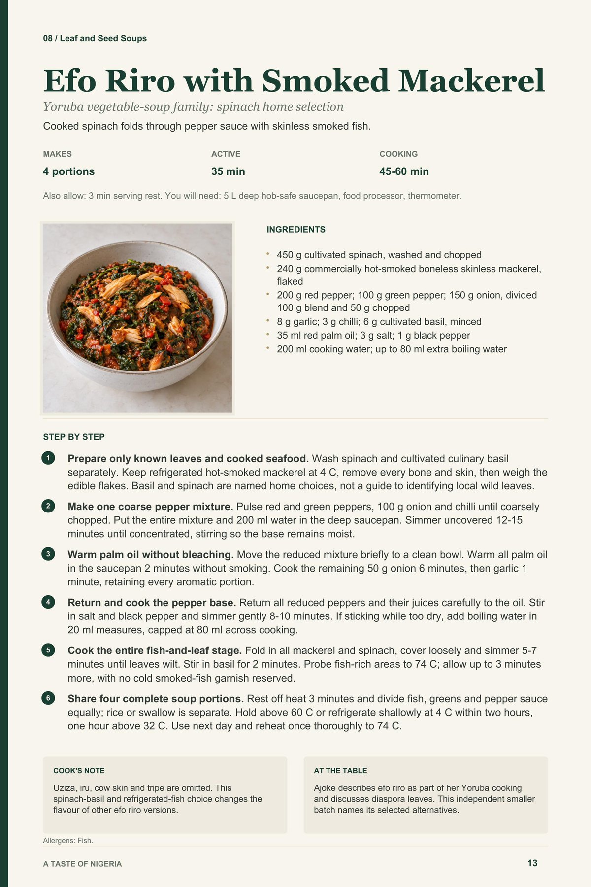 Efo Riro with Smoked Mackerel recipe page from A Taste of Nigeria