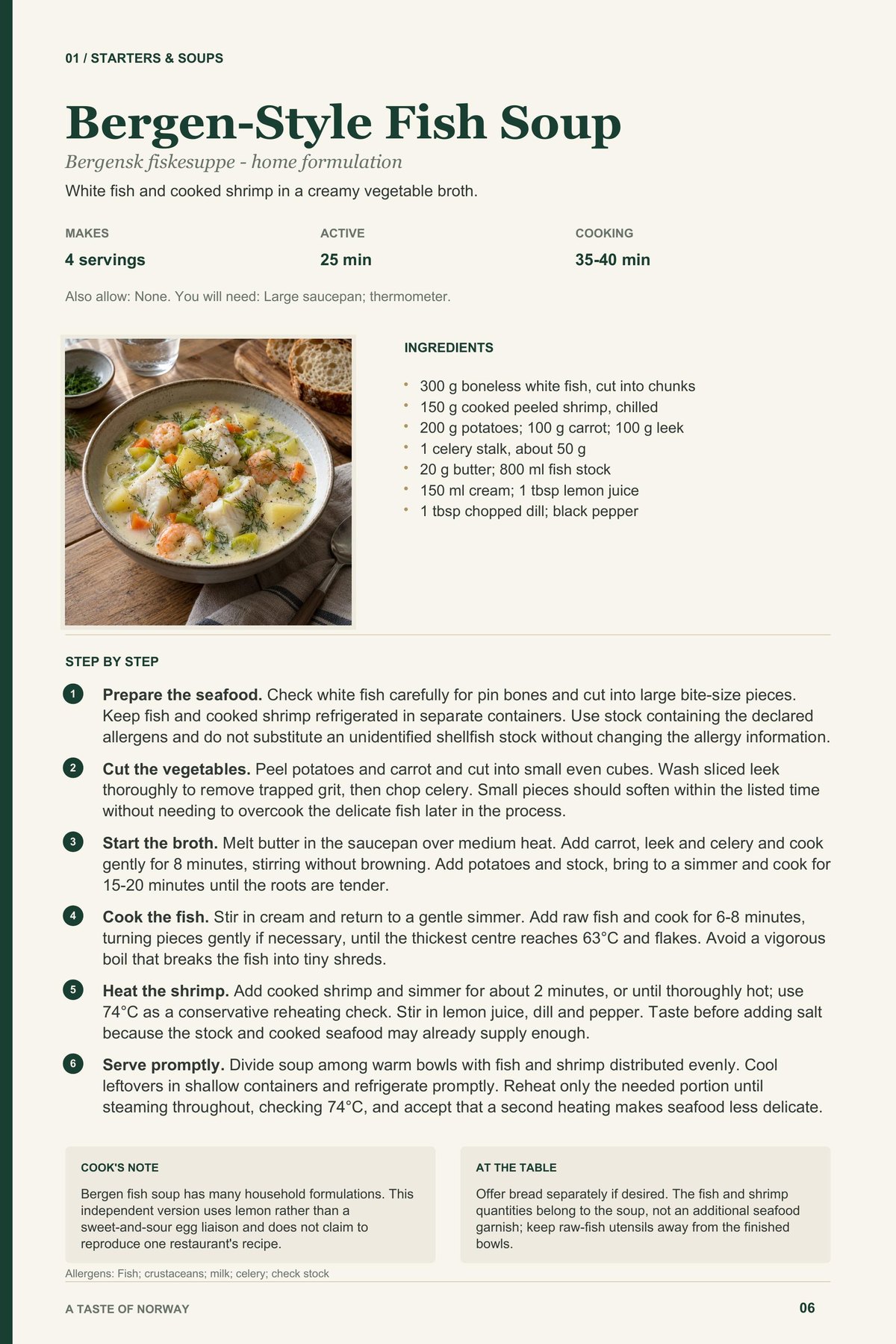 Bergen-Style Fish Soup recipe page from A Taste of Norway