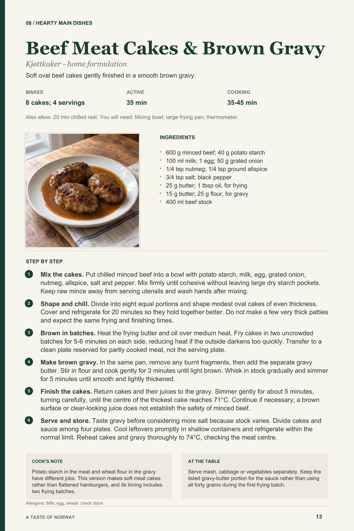Beef Meat Cakes & Brown Gravy recipe page from A Taste of Norway