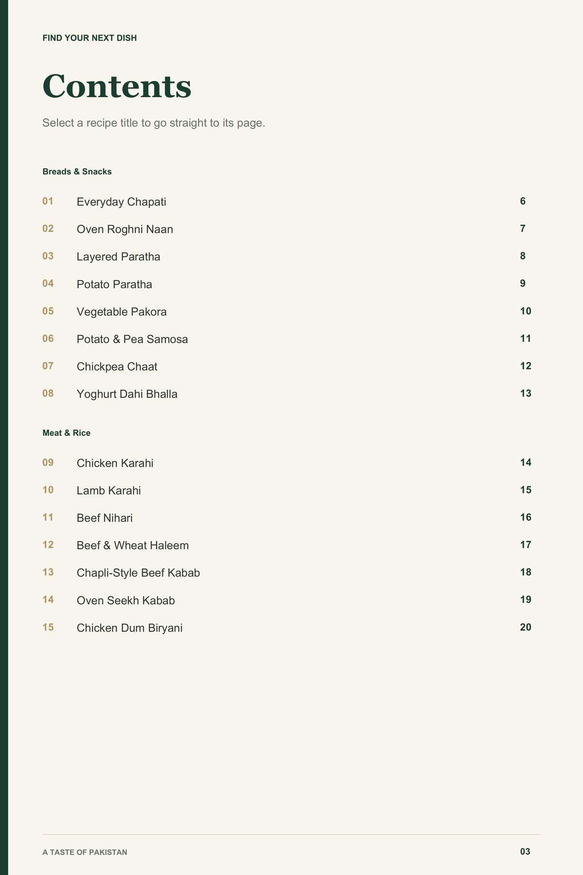Contents, page 1 from A Taste of Pakistan