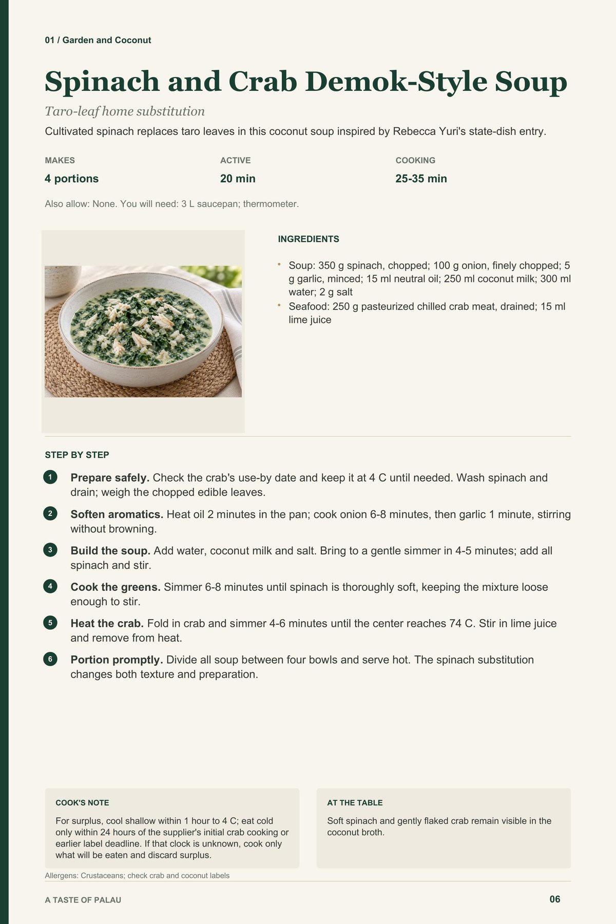 Spinach and Crab Demok-Style Soup recipe page from A Taste of Palau