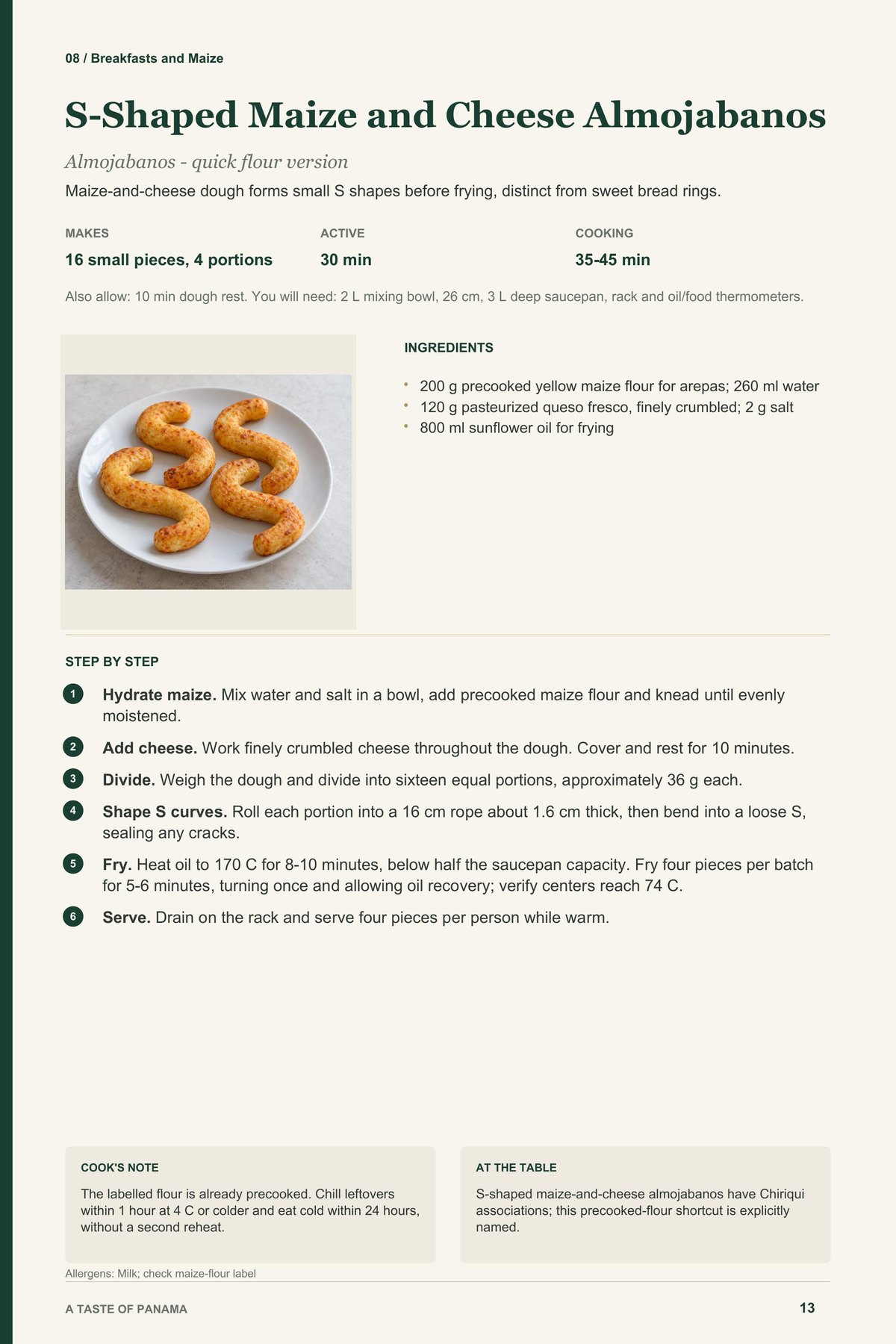 S-Shaped Maize and Cheese Almojabanos recipe page from A Taste of Panama