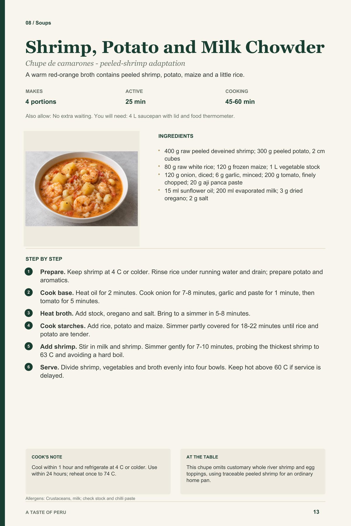 Shrimp, Potato and Milk Chowder recipe page from A Taste of Peru