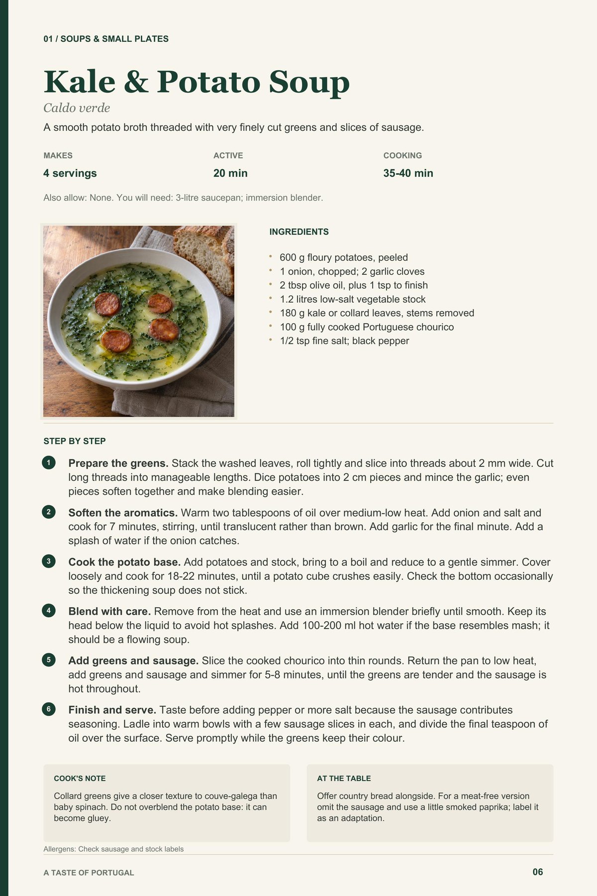 Kale & Potato Soup recipe page from A Taste of Portugal