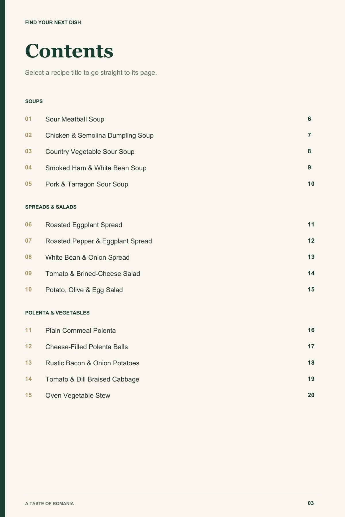 Contents, page 1 from A Taste of Romania