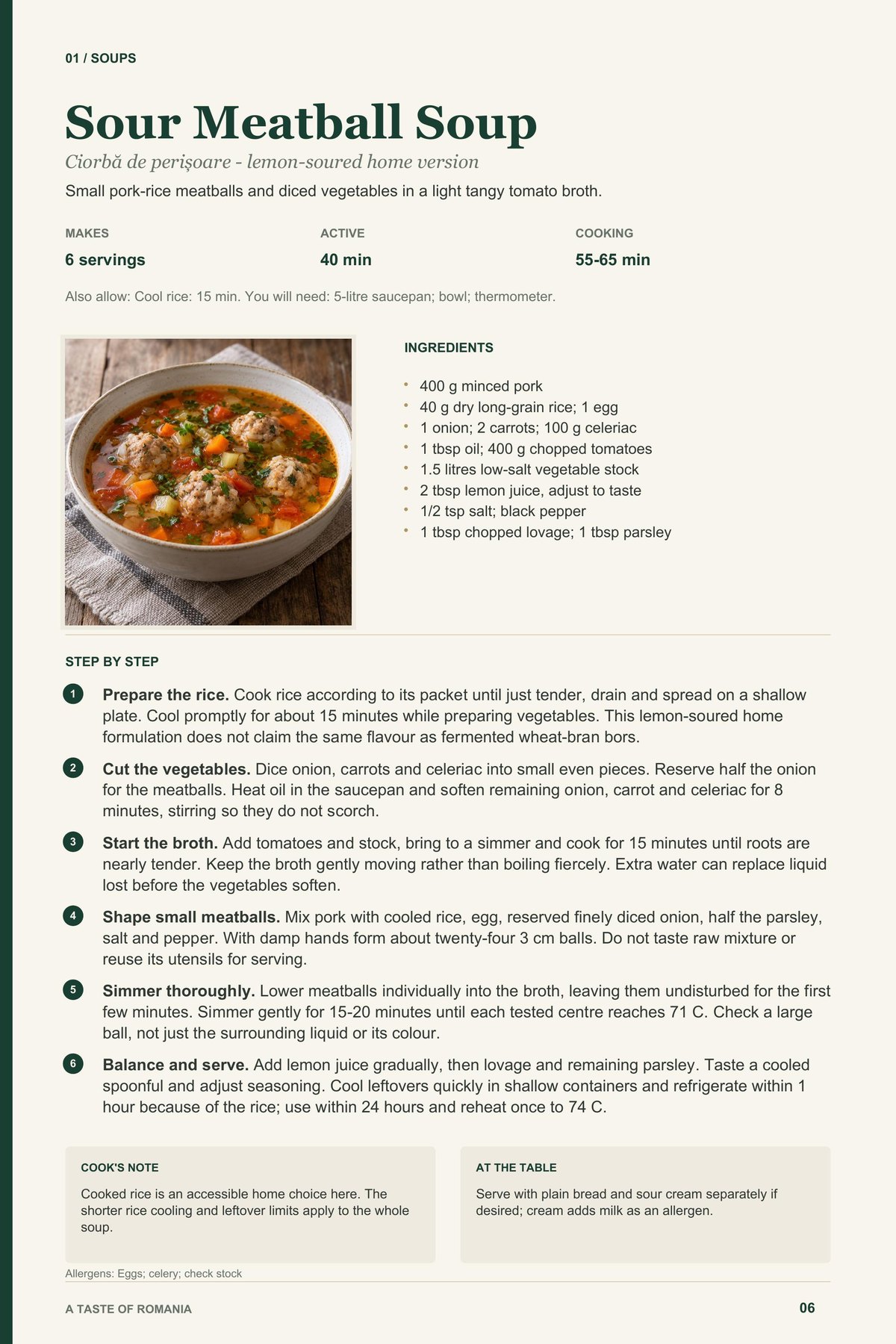 Sour Meatball Soup recipe page from A Taste of Romania