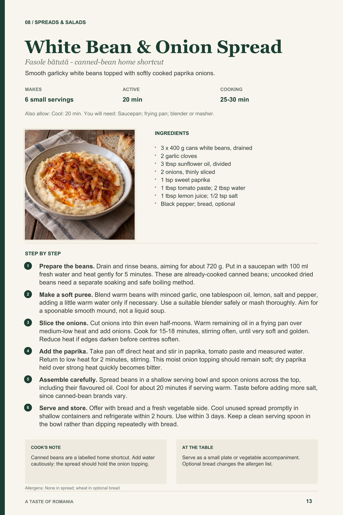 White Bean & Onion Spread recipe page from A Taste of Romania