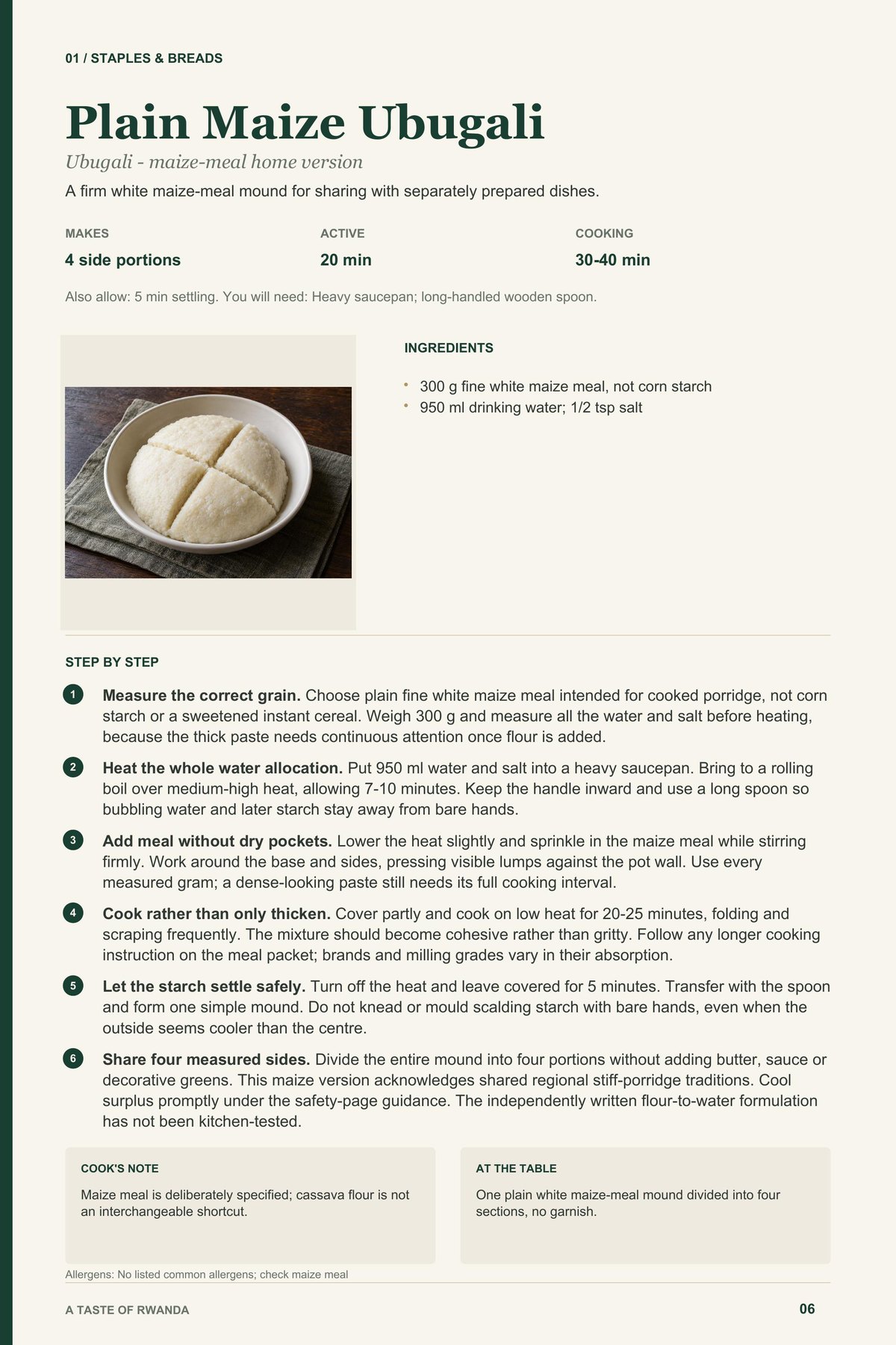 Plain Maize Ubugali recipe page from A Taste of Rwanda