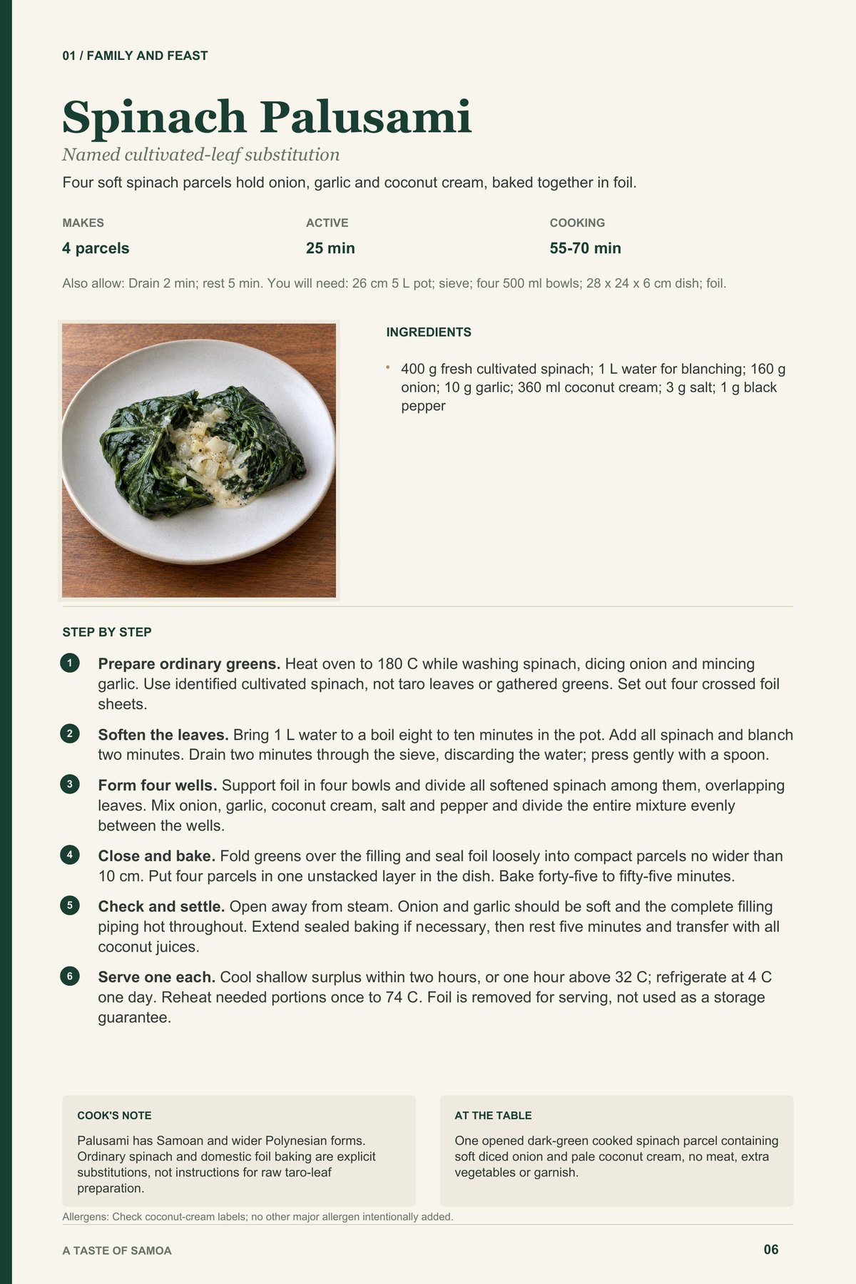 Spinach Palusami recipe page from A Taste of Samoa