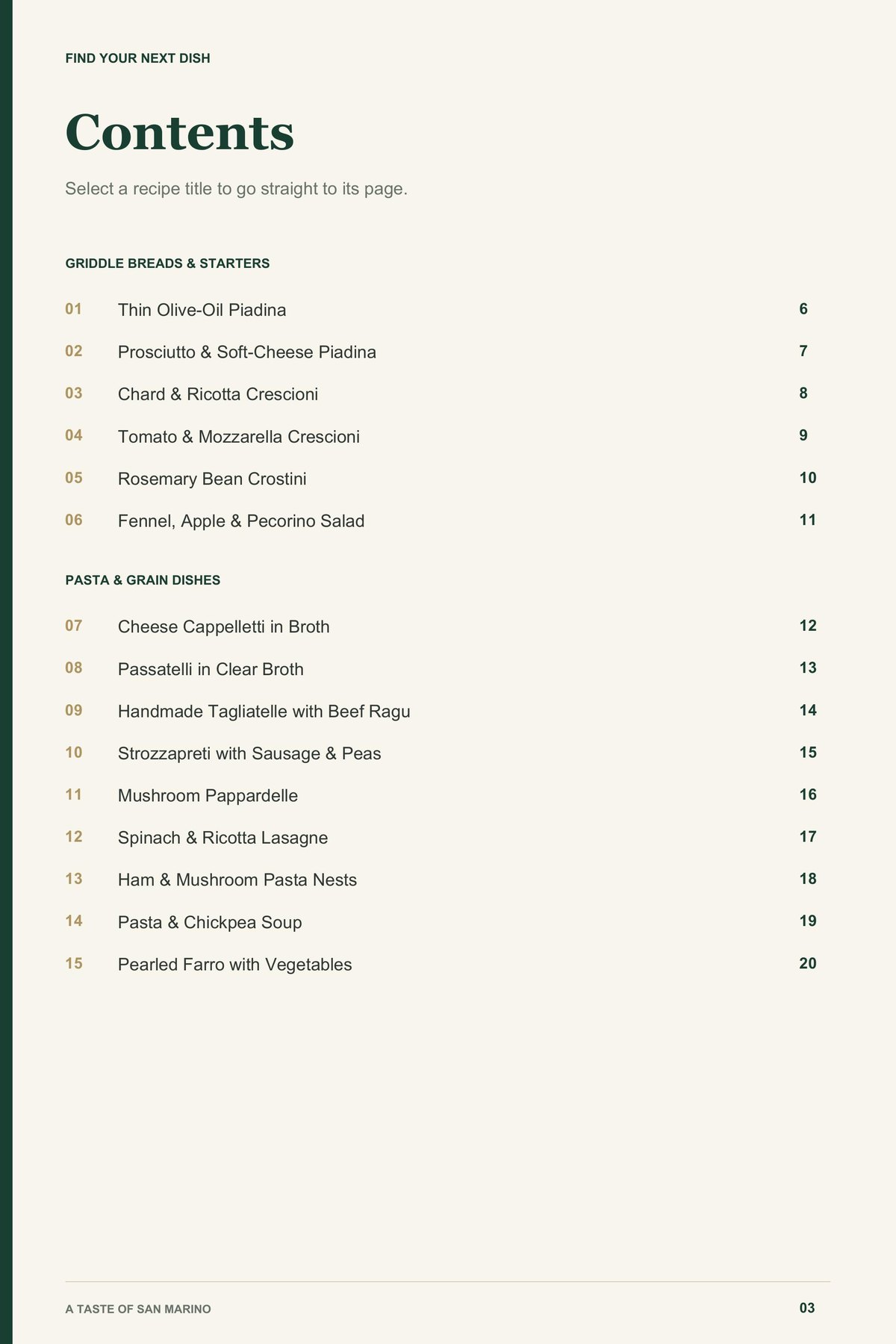 Contents, page 1 from A Taste of San Marino