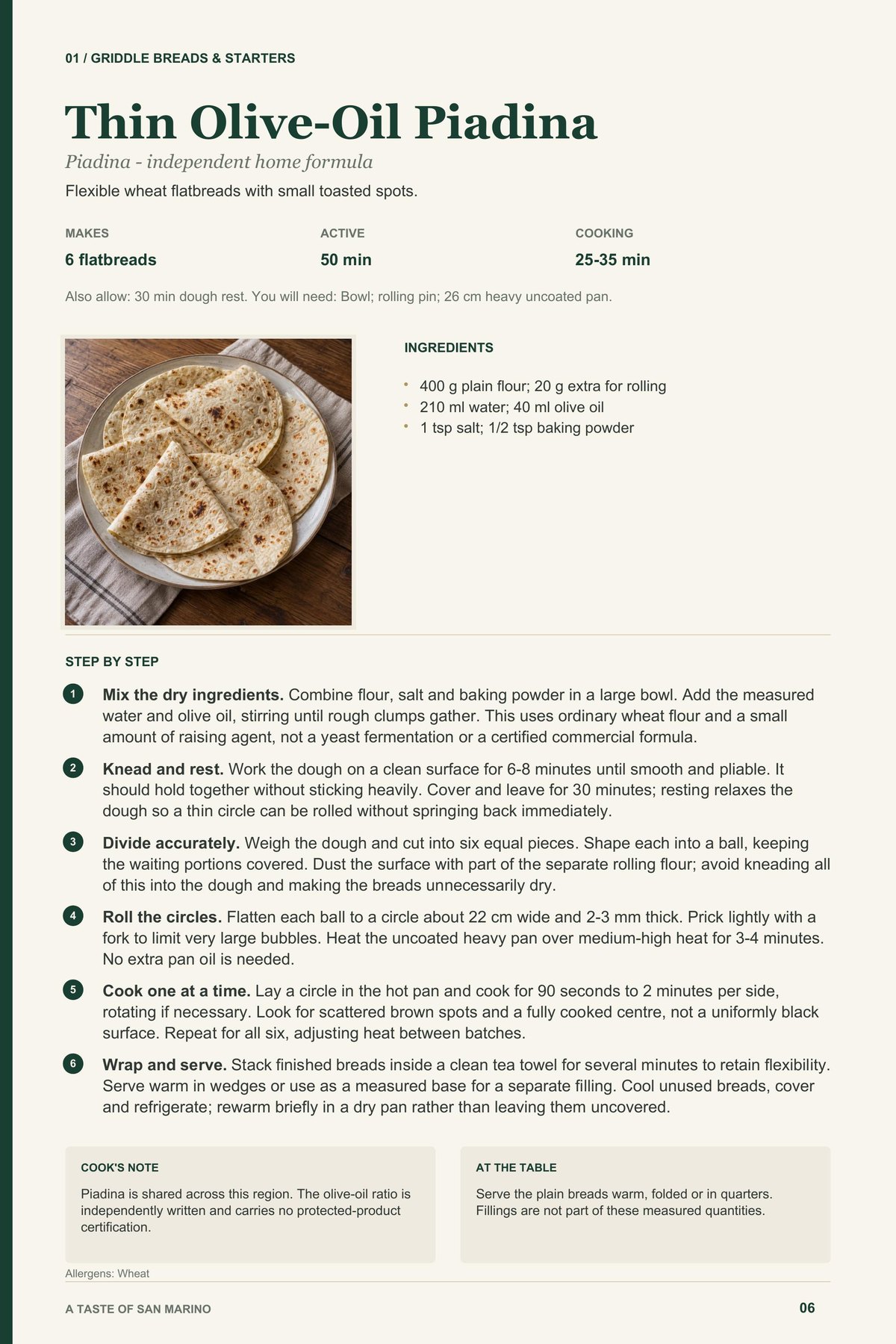 Thin Olive-Oil Piadina recipe page from A Taste of San Marino