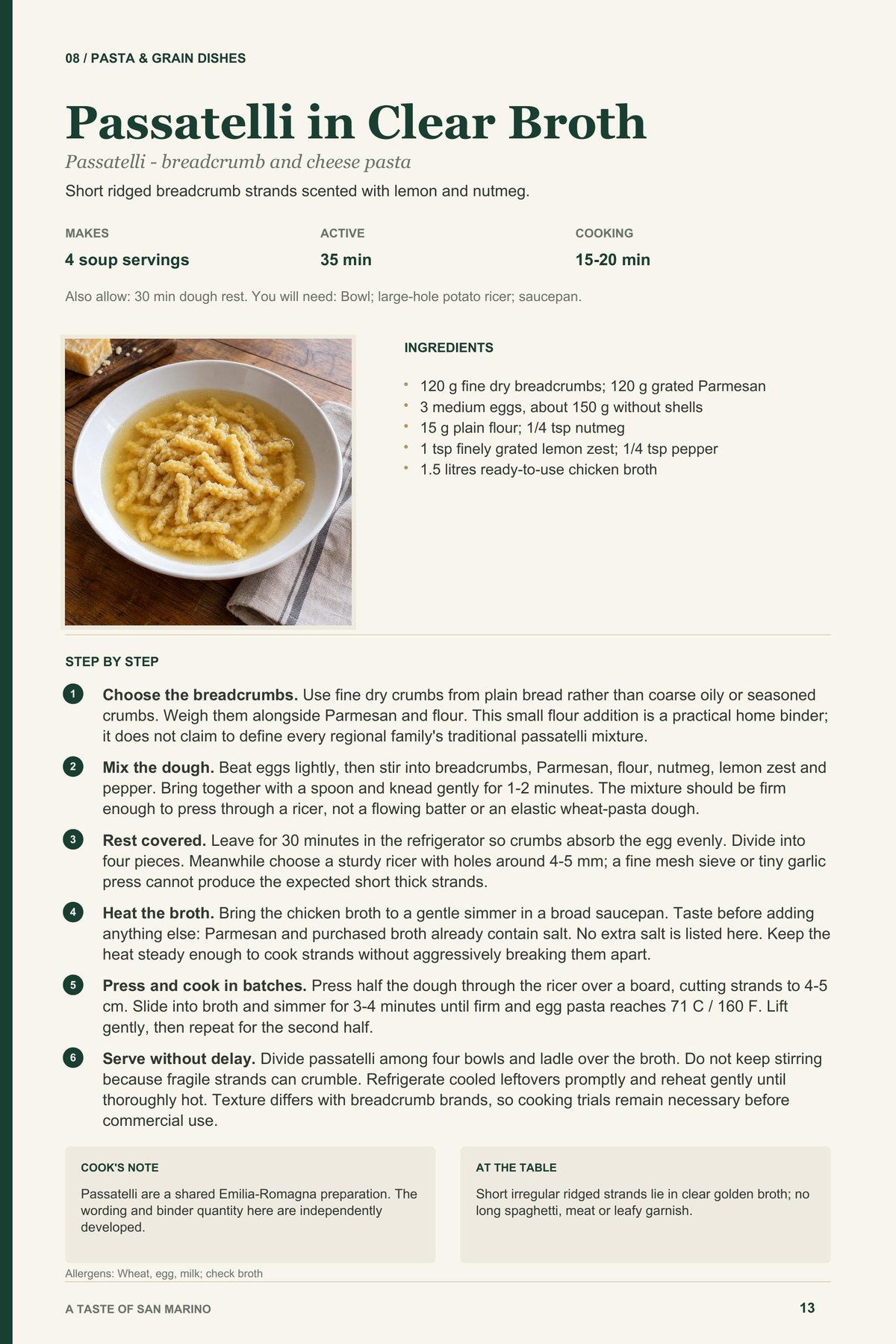 Passatelli in Clear Broth recipe page from A Taste of San Marino
