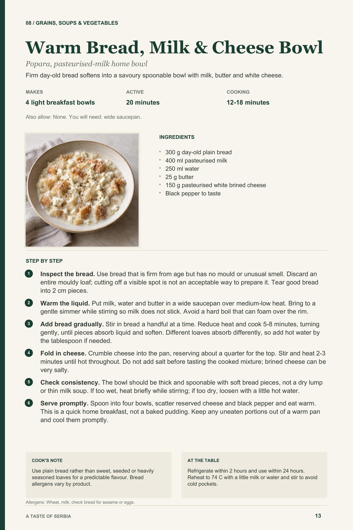 Warm Bread, Milk & Cheese Bowl recipe page from A Taste of Serbia