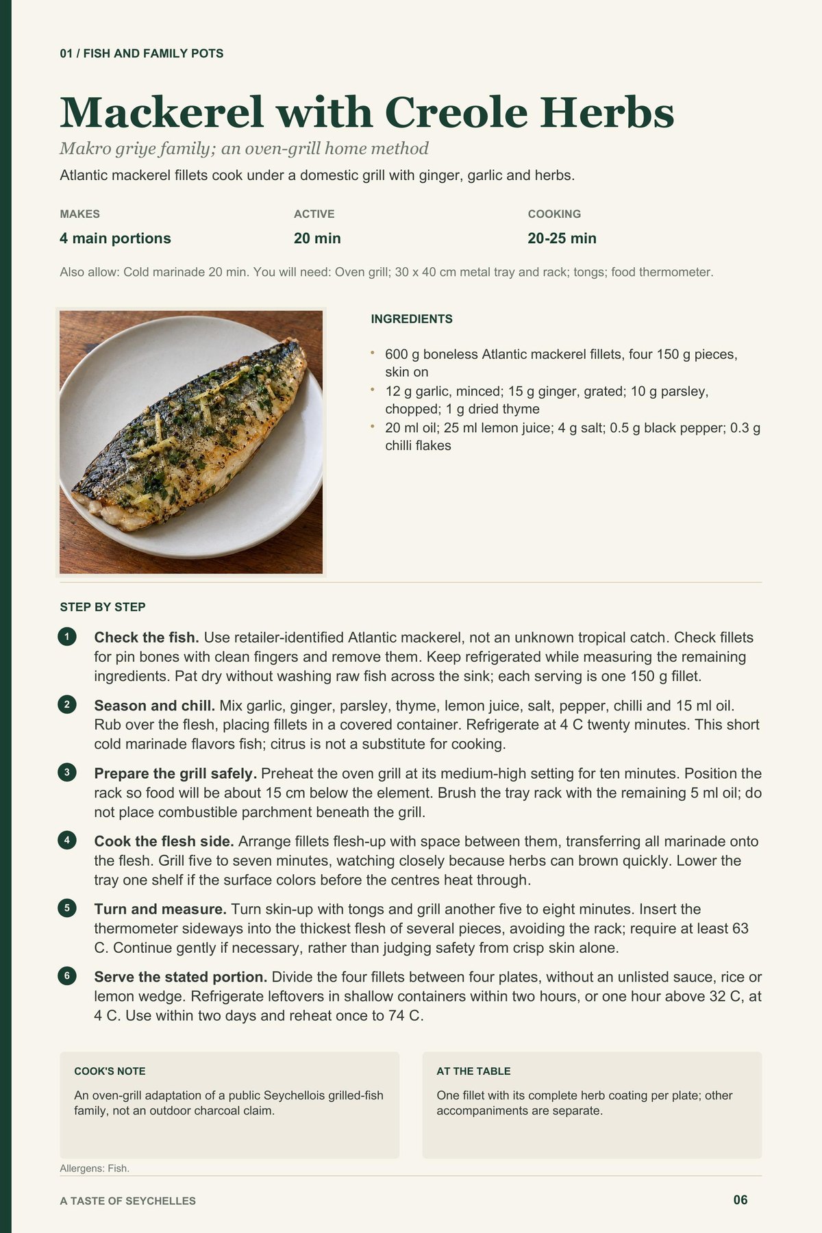 Mackerel with Creole Herbs recipe page from A Taste of Seychelles