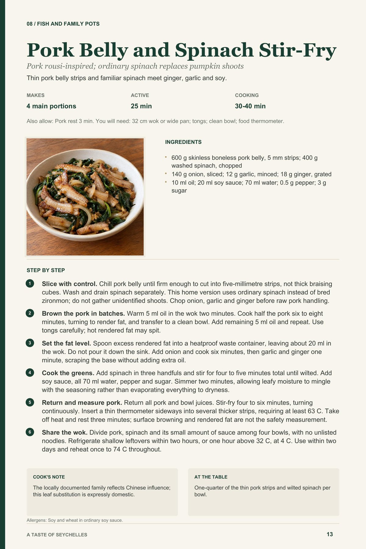 Pork Belly and Spinach Stir-Fry recipe page from A Taste of Seychelles