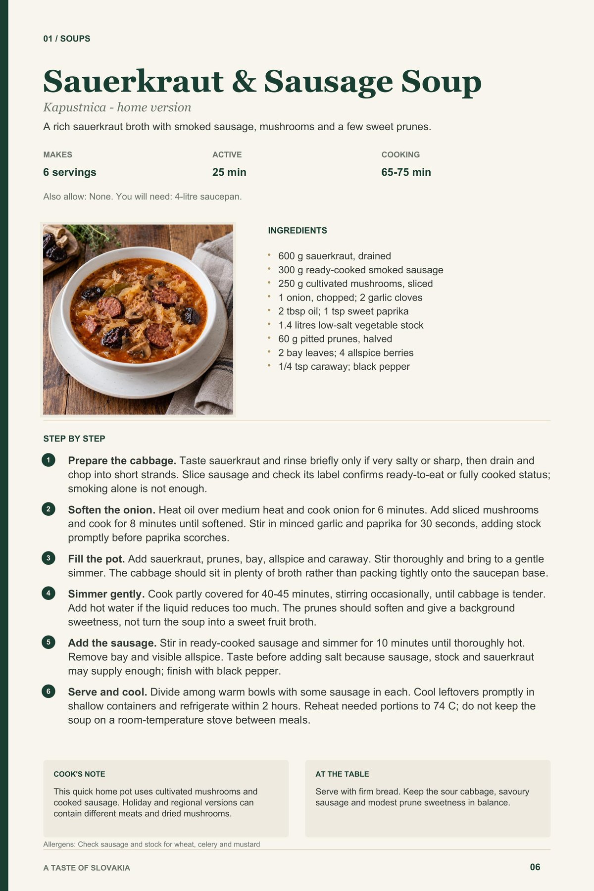 Sauerkraut & Sausage Soup recipe page from A Taste of Slovakia
