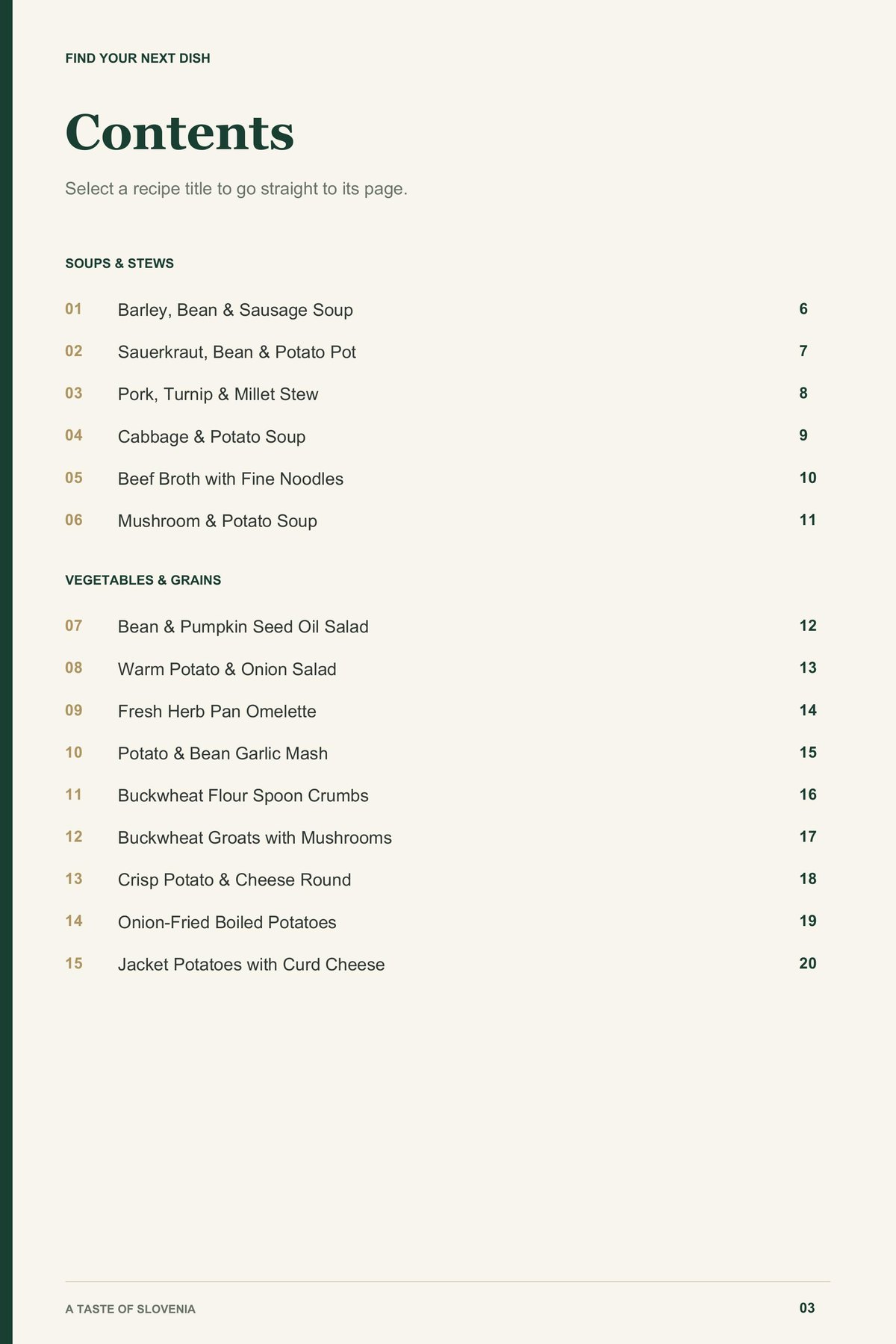 Contents, page 1 from A Taste of Slovenia