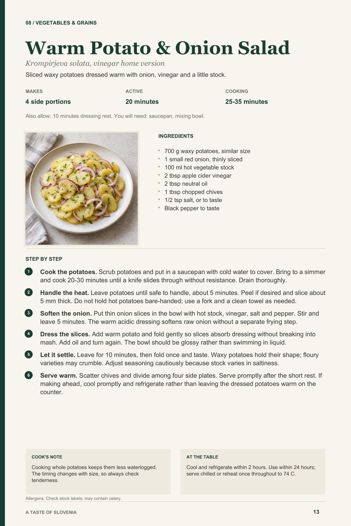 Warm Potato & Onion Salad recipe page from A Taste of Slovenia