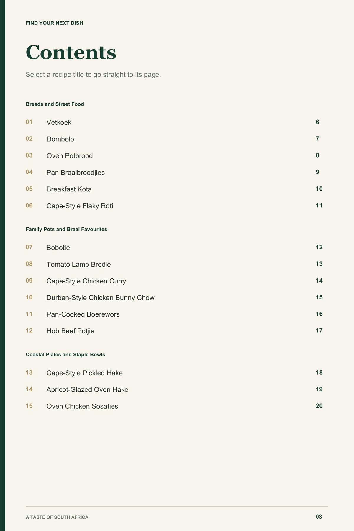Contents, page 1 from A Taste of South Africa