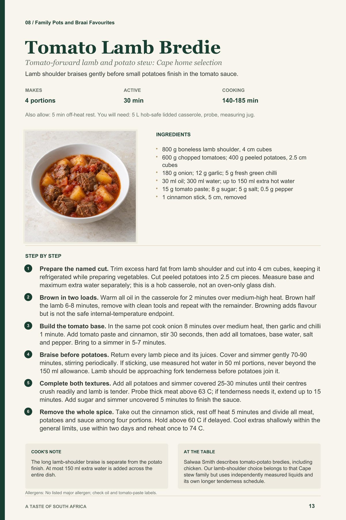 Tomato Lamb Bredie recipe page from A Taste of South Africa