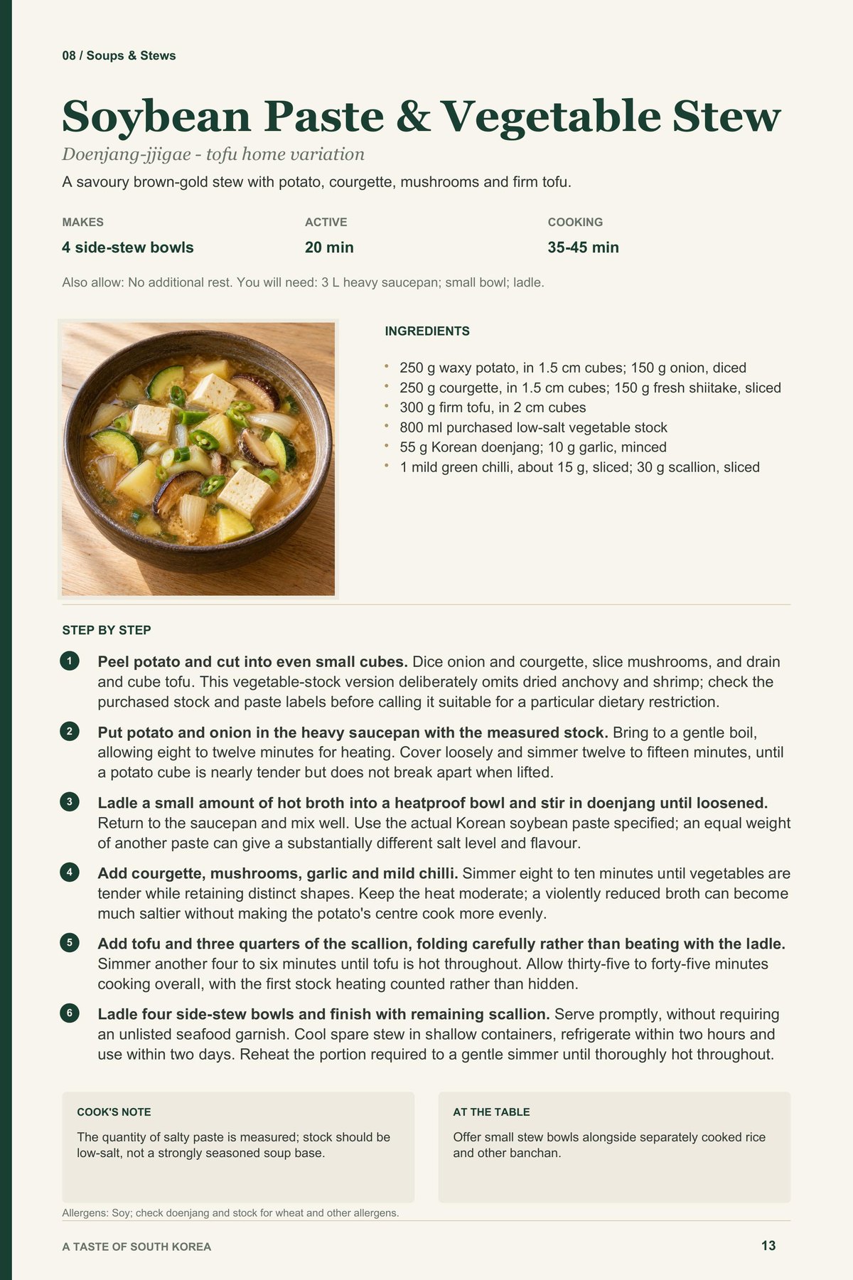 Soybean Paste & Vegetable Stew recipe page from A Taste of South Korea