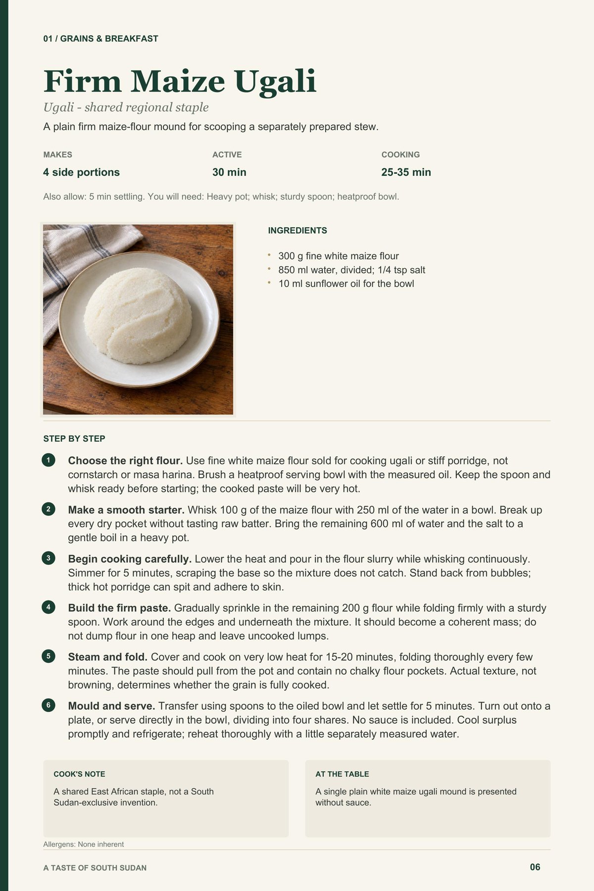 Firm Maize Ugali recipe page from A Taste of South Sudan