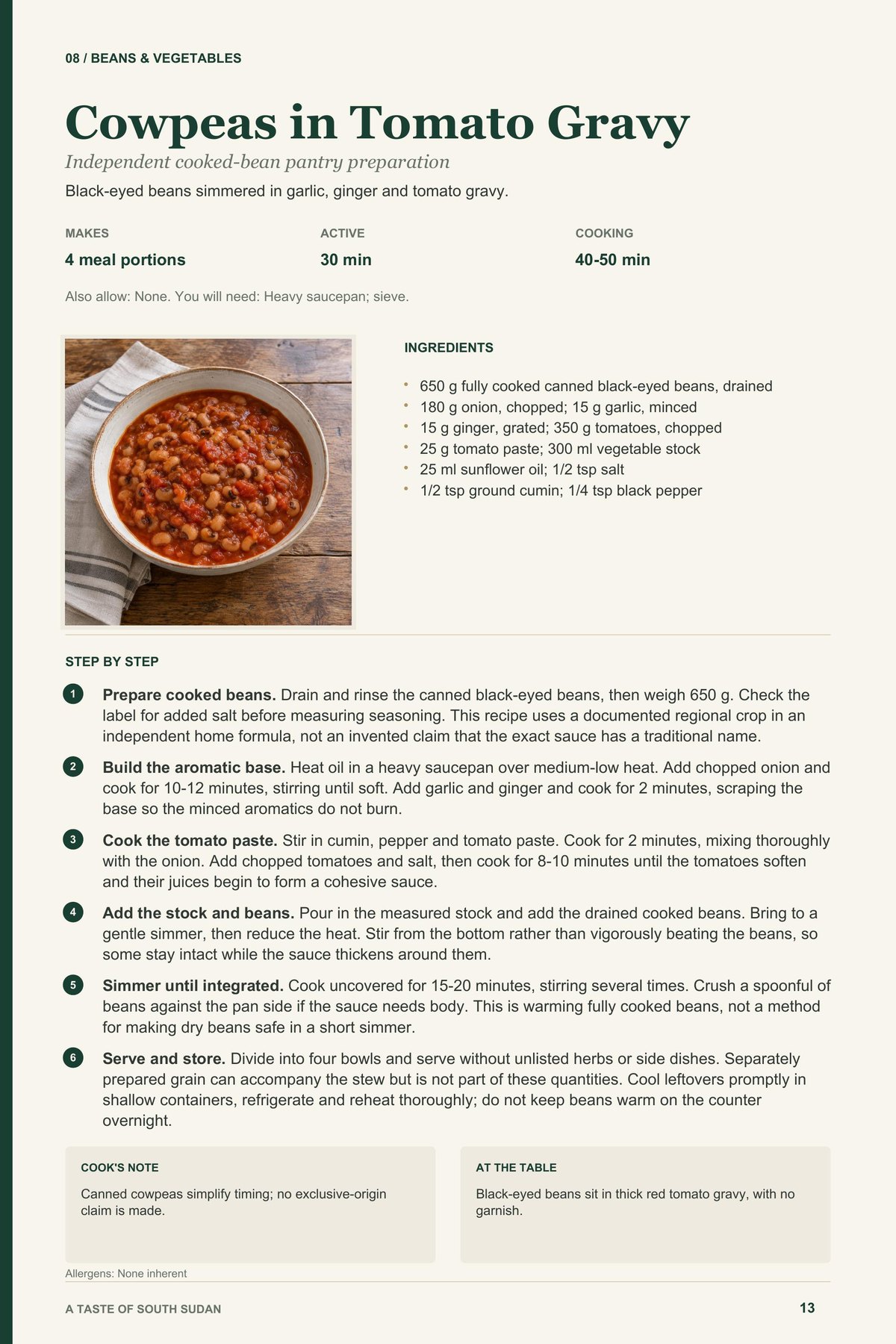 Cowpeas in Tomato Gravy recipe page from A Taste of South Sudan