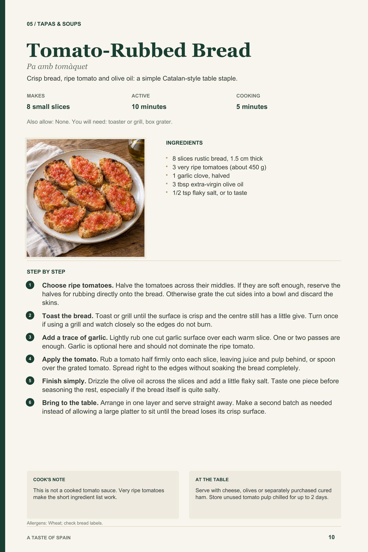 Tomato-Rubbed Bread recipe page from A Taste of Spain