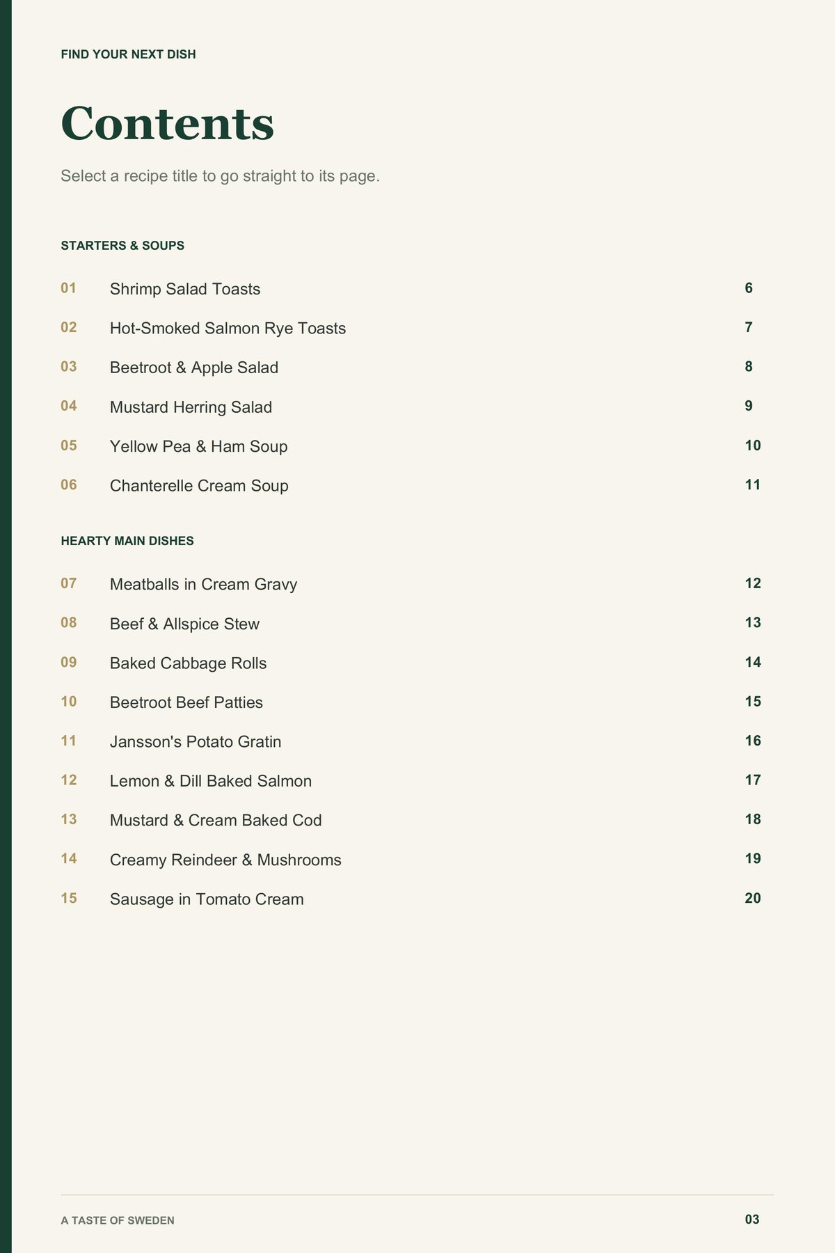 Contents, page 1 from A Taste of Sweden