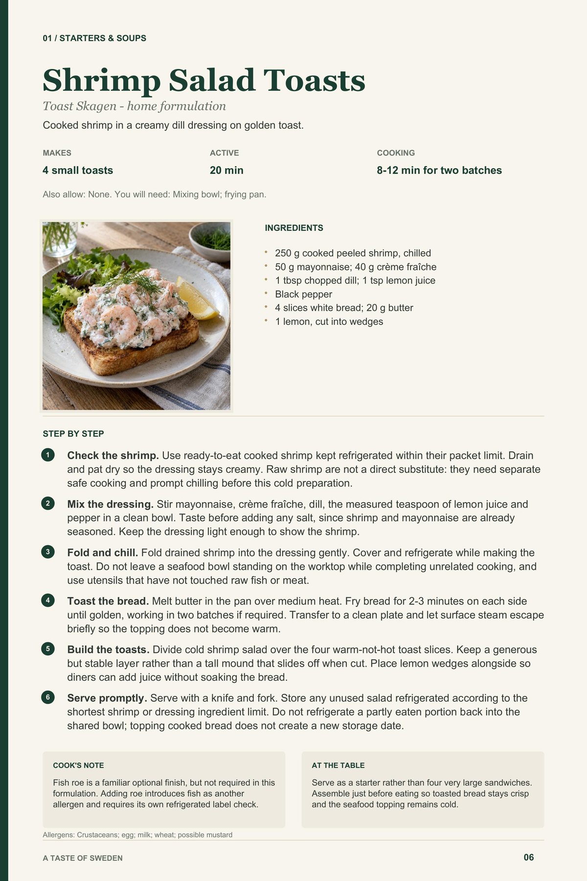 Shrimp Salad Toasts recipe page from A Taste of Sweden