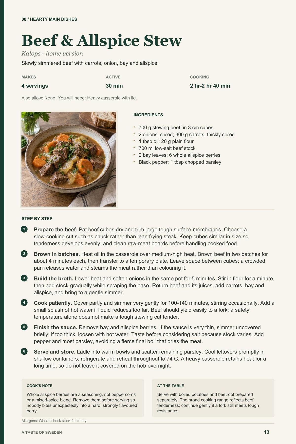 Beef & Allspice Stew recipe page from A Taste of Sweden