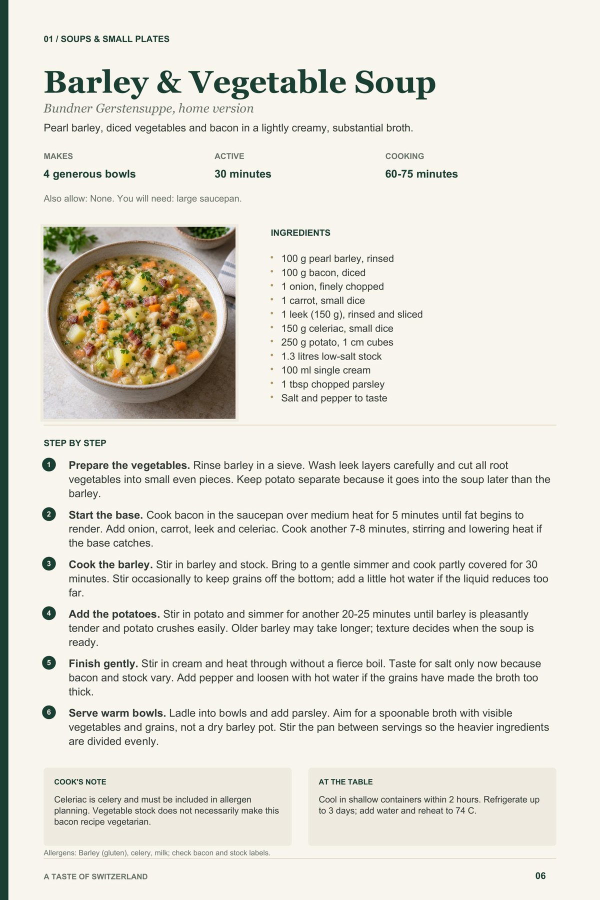 Barley & Vegetable Soup recipe page from A Taste of Switzerland