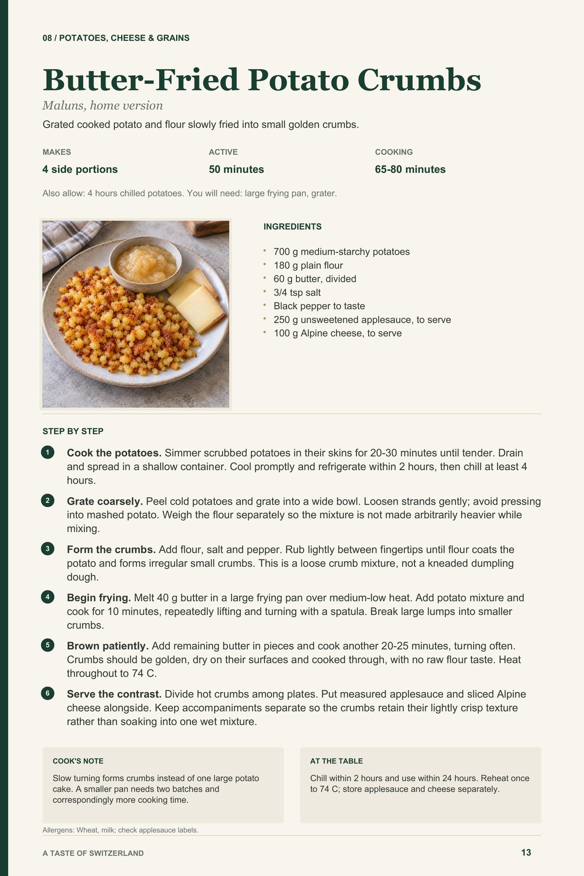 Butter-Fried Potato Crumbs recipe page from A Taste of Switzerland