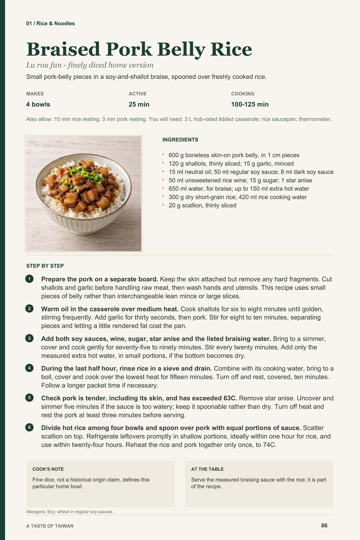 Braised Pork Belly Rice recipe page from A Taste of Taiwan